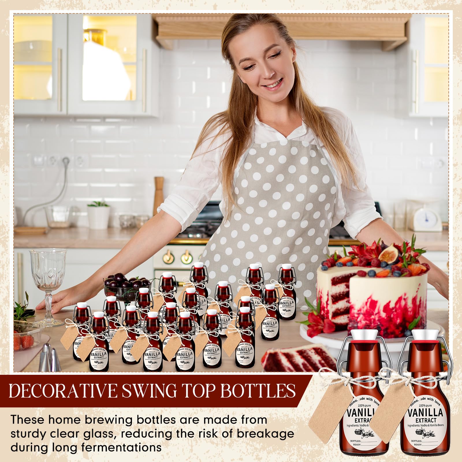 Vesici 8 Sets Swing Top Glass Bottles Set Amber Homemade Vanilla Extract Bottles Vanilla Extract Jars for Christmas DIY Crafts (4 oz)