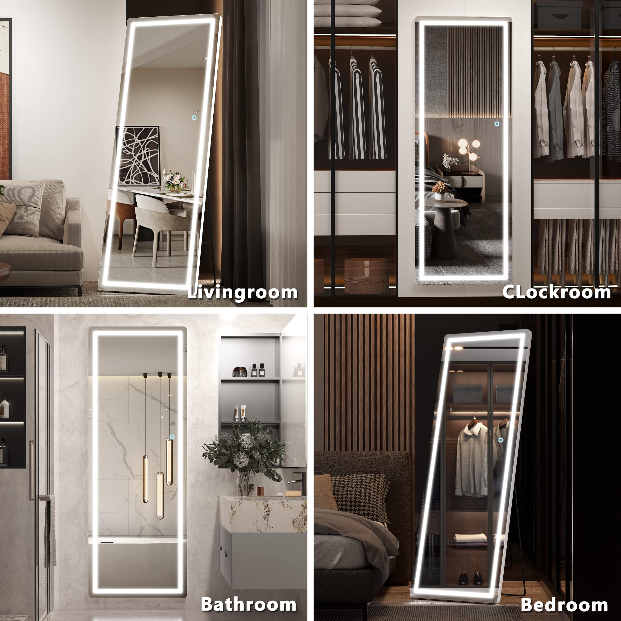 Hasipu Full Length Mirror with Lights, 79" x 36" LED Lighted Floor Standing, Full Body Dressing Hanging Mounted Mirror, Tempered Glass, Square Black