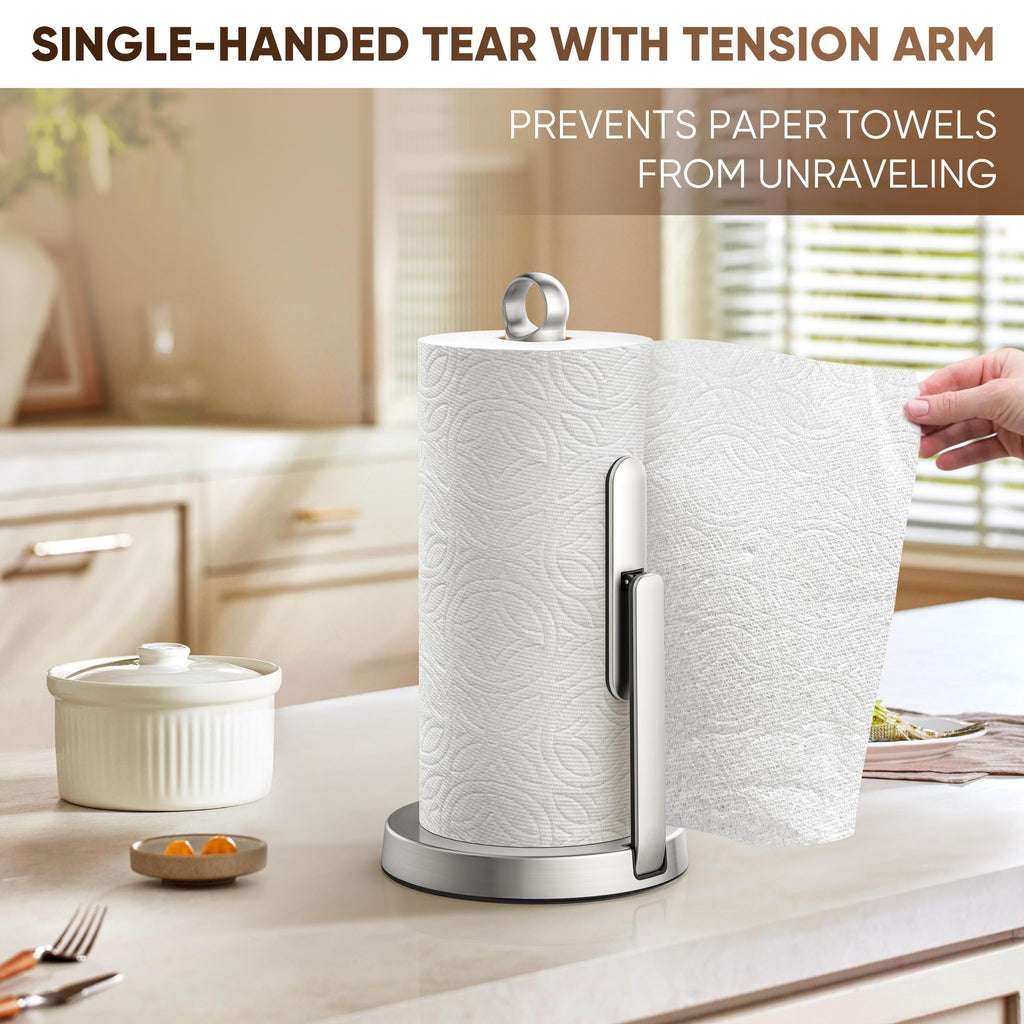 theaoo Heavy-Duty Stainless Steel Paper Towel Holder with Tension Arm – Easy One-Handed Tear, Modern Standing Countertop Dispenser for Kitchen, Holds All Paper Towel Rolls (1, Black)