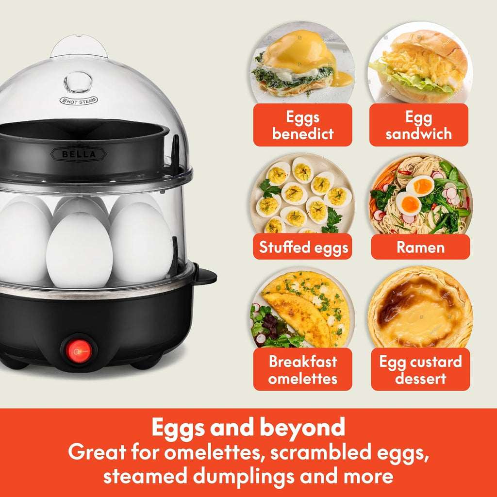 BELLA Double Tier Egg Cooker, Rapid Boiler & Poacher, Meal Prep Essential, Family Sized Meals: Make Up To 14 Large Boiled Eggs, Dishwasher Safe Parts, Poaching Tray Included, Black