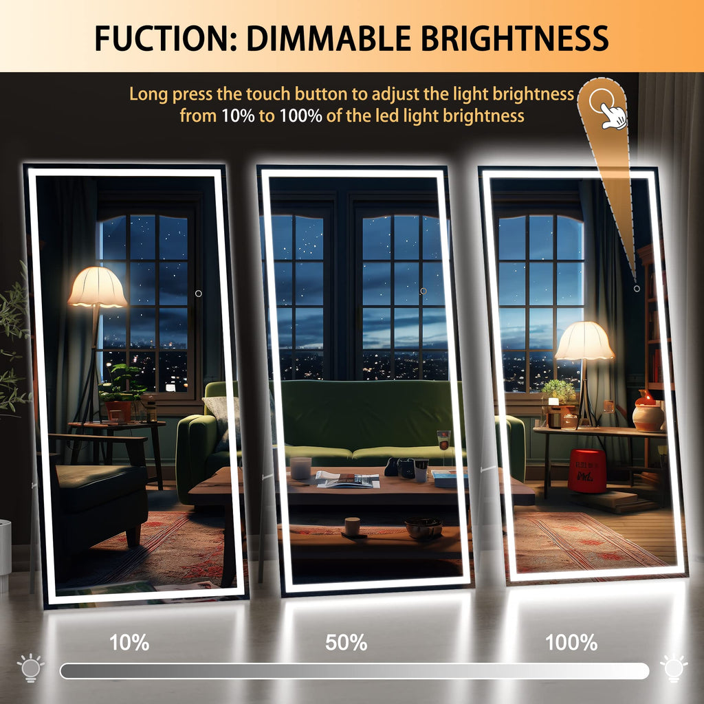 Hasipu Full Length Mirror with Lights, 79" x 36" LED Lighted Floor Standing, Full Body Dressing Hanging Mounted Mirror, Tempered Glass, Square Black