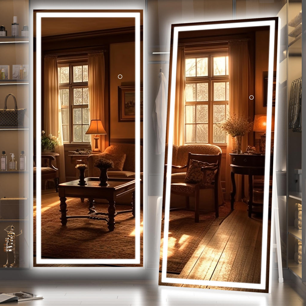 Hasipu Full Length Mirror with Lights, 79" x 36" LED Lighted Floor Standing, Full Body Dressing Hanging Mounted Mirror, Tempered Glass, Square Black