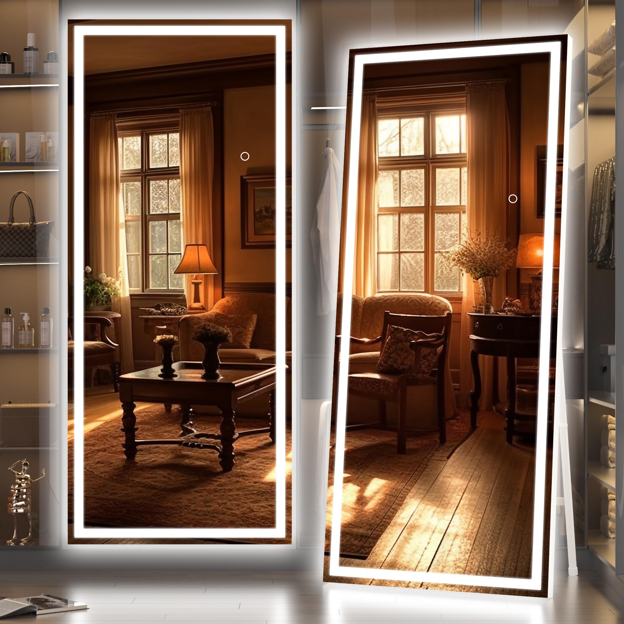 Hasipu Full Length Mirror with Lights, 79" x 36" LED Lighted Floor Standing, Full Body Dressing Hanging Mounted Mirror, Tempered Glass, Square Black