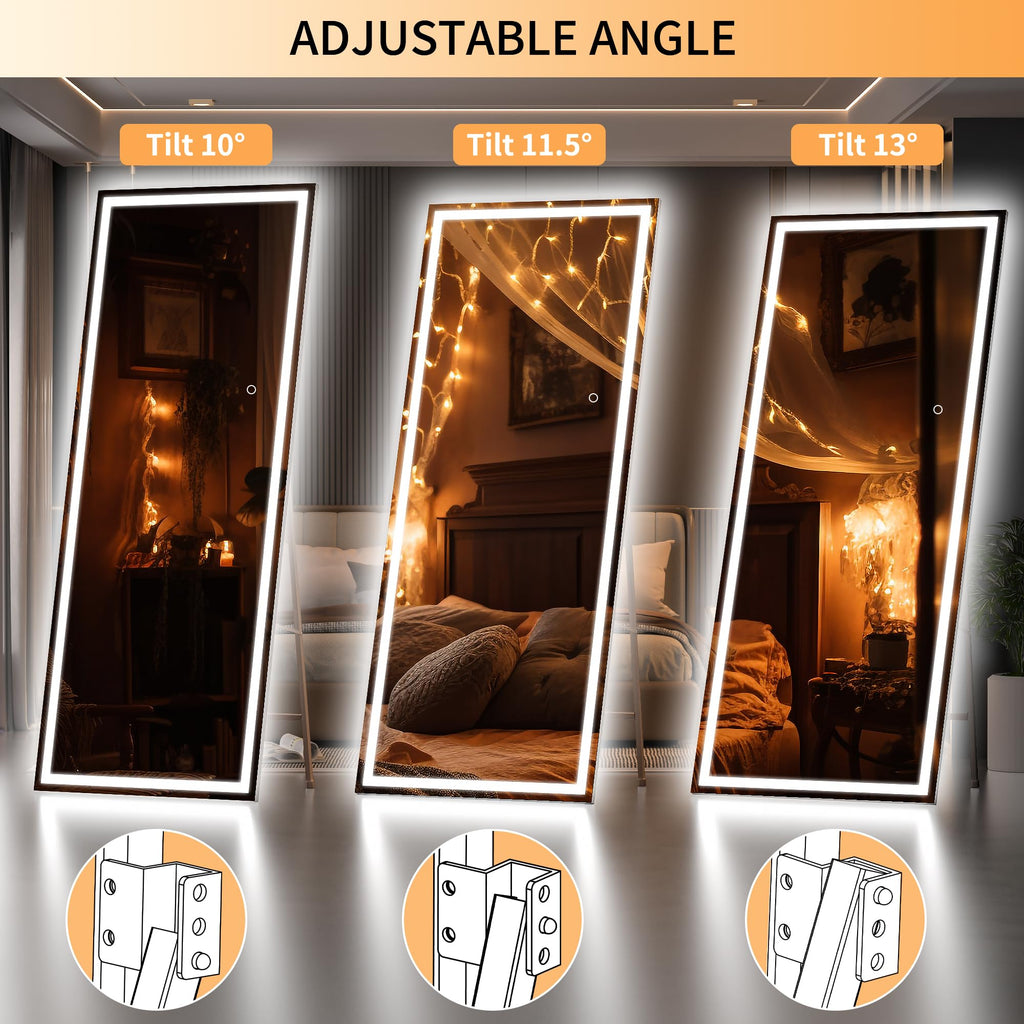 Hasipu Full Length Mirror with Lights, 79" x 36" LED Lighted Floor Standing, Full Body Dressing Hanging Mounted Mirror, Tempered Glass, Square Black
