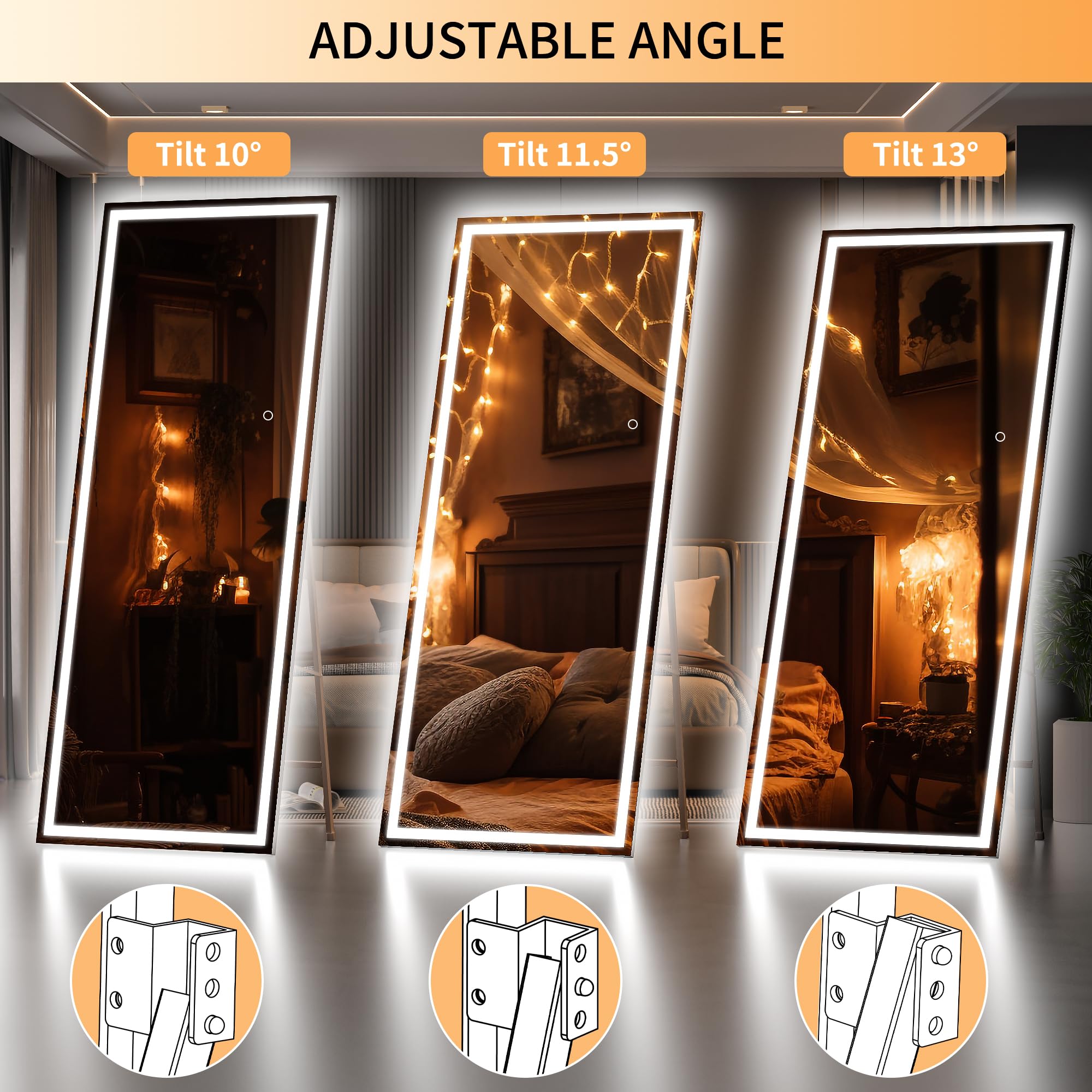 Hasipu Full Length Mirror with Lights, 79" x 36" LED Lighted Floor Standing, Full Body Dressing Hanging Mounted Mirror, Tempered Glass, Square Black
