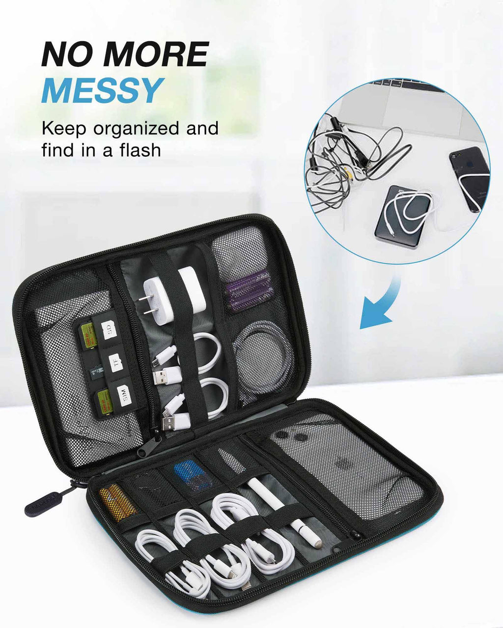 BAGSMART Large Electronics Travel Organizer Case, Tech Accessories Cord Storage Bag for Phone, Power Bank, SD Card, Cables, Black
