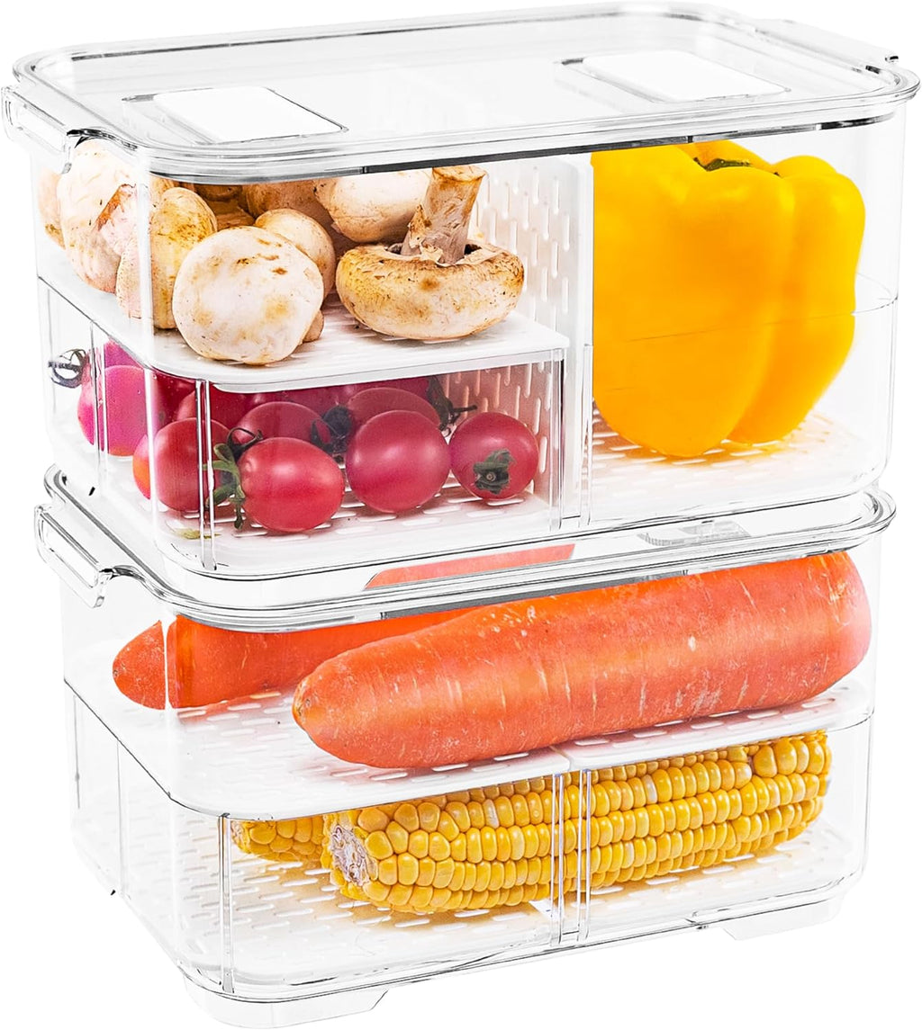 elabo Fruit Storage Containers for Fridge Fresh Produce Saver -3 Pack Stackable Fridge Organizers Bins with Lids, Drain Tray, Food Storage Container for Vegetables, Lettuce, Salad and Berry, BPA-free