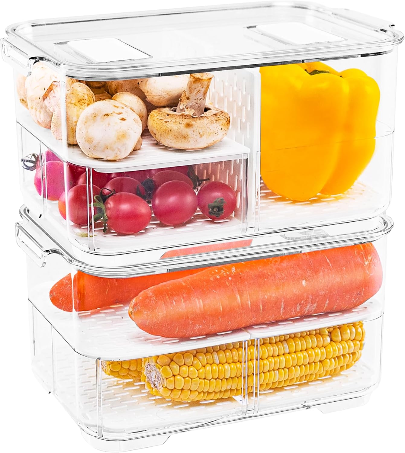 elabo Fruit Storage Containers for Fridge Fresh Produce Saver -3 Pack Stackable Fridge Organizers Bins with Lids, Drain Tray, Food Storage Container for Vegetables, Lettuce, Salad and Berry, BPA-free
