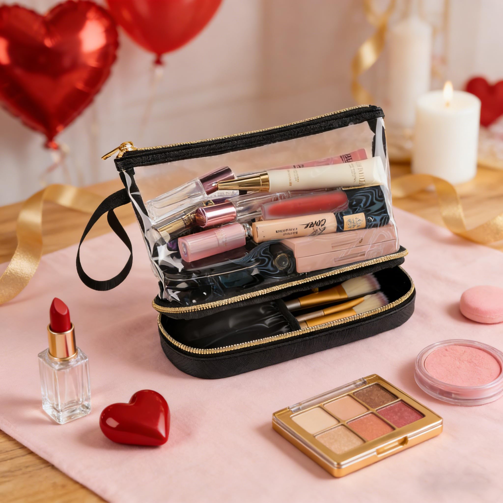 Ethereal Clear Makeup Bag, TSA Travel Makeup Organizer Bag Rose Gold Makeup Bags for Women Small Cosmetic Bag Portable Makeup Bag for Purse