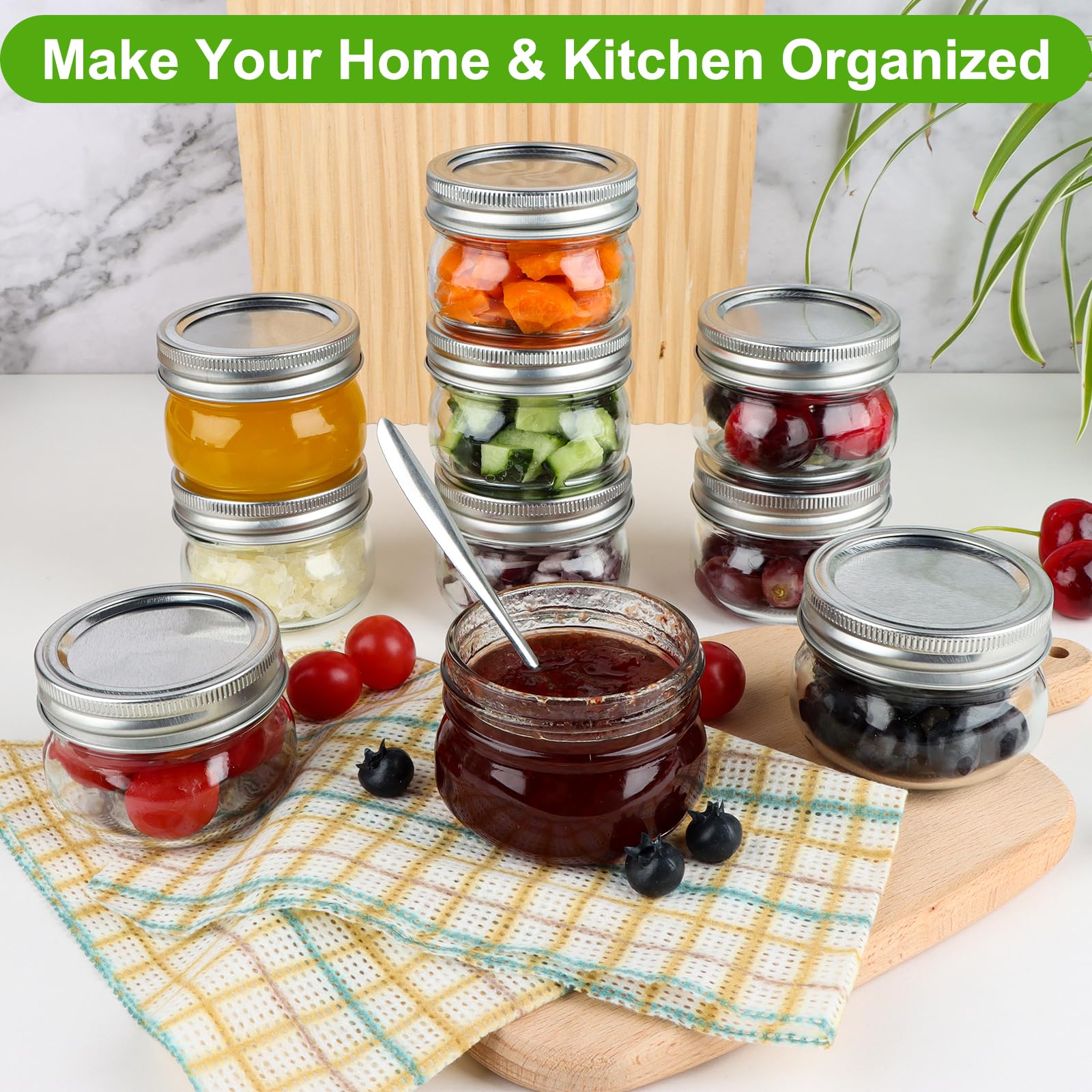 24 Pack 4 oz Mason Jars with Regular Lids and Bands, Small Canning Jars, Mini Glass Jars for Honey Jelly Jam Crafts