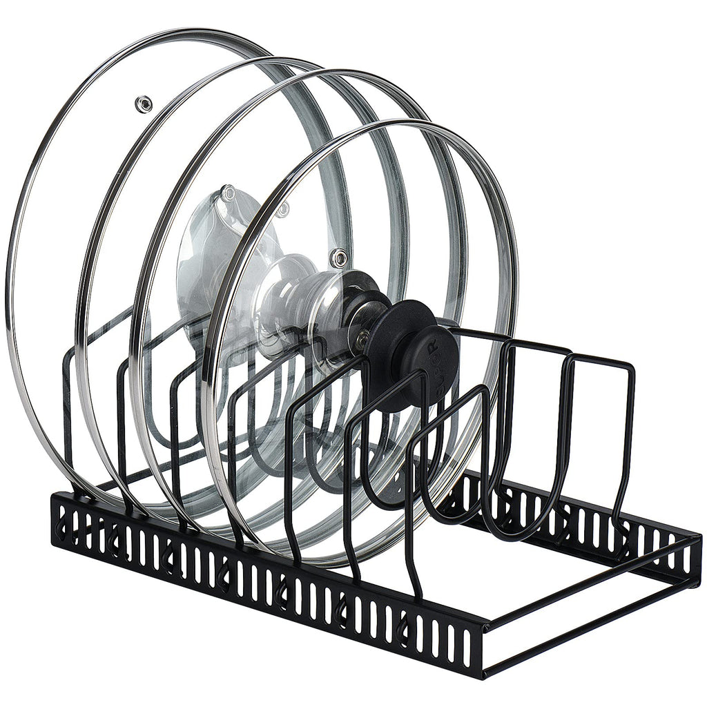 Toplife Pots and Pans Organizer Rack for Cabinet and Countertop, 10+ Pot Lids, Bakeware and Cookware Holder with 10 Adjustable Compartments - Black