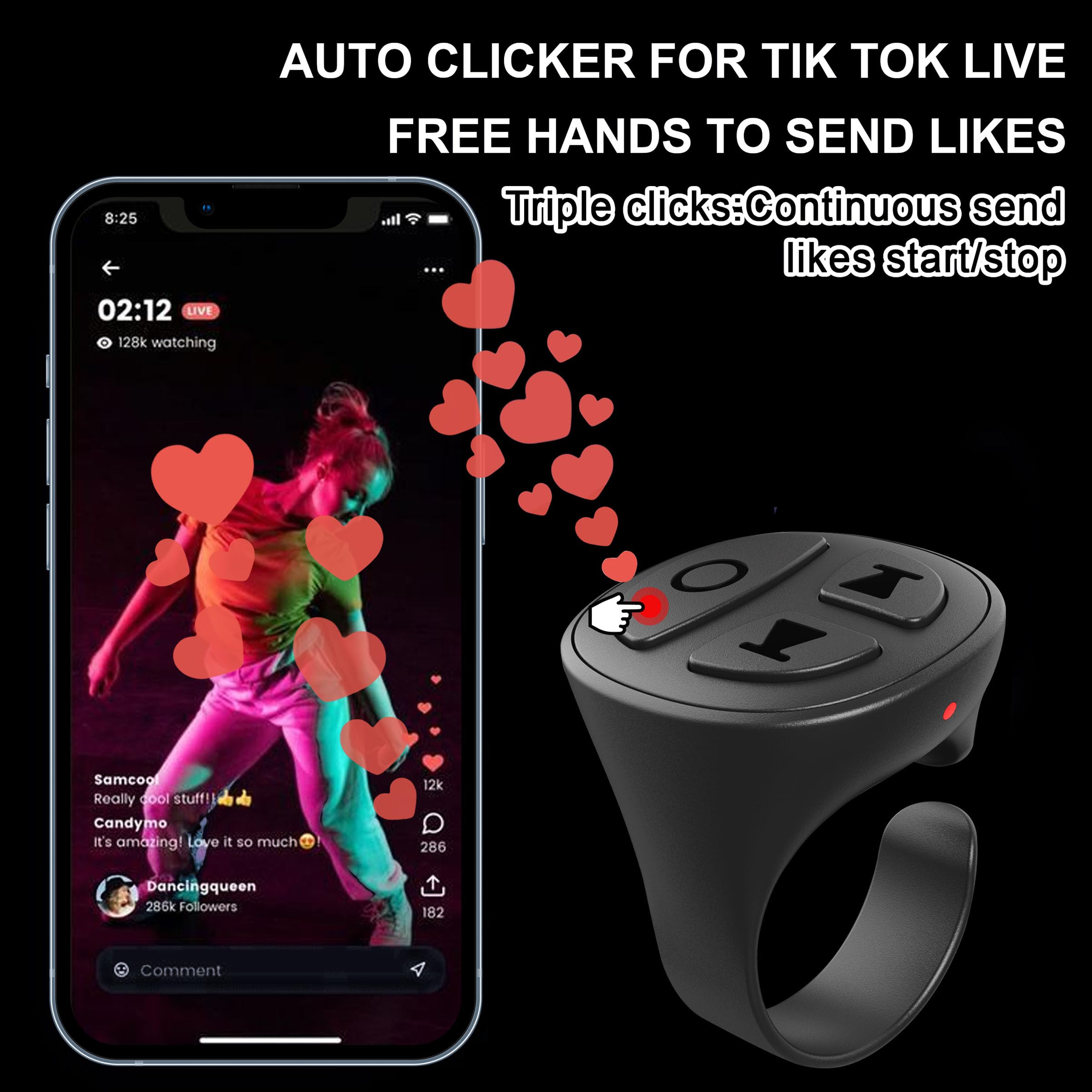 Tiktok Scrolling Ring for iPhone, Bluetooth Camera Remote Control, Remote Control for TIK Tok Scrolling Ring for iPhone, Android (Black)