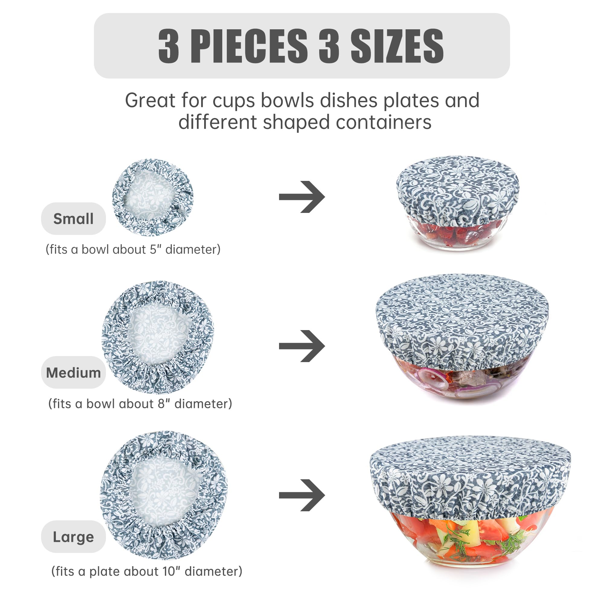 wegreeco Elastic Reusable Bowl Covers for Bread Proofing, Fabric Cloth Sourdough Bowl Covers for Proofing - Set of 3, Grey Leaf