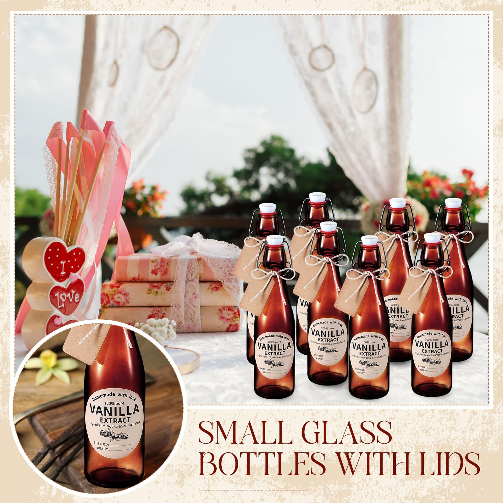 Vesici 8 Sets Swing Top Glass Bottles Set Amber Homemade Vanilla Extract Bottles Vanilla Extract Jars for Christmas DIY Crafts (4 oz)