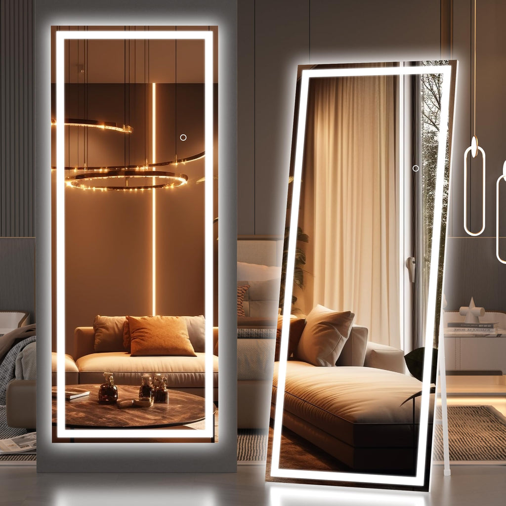 Hasipu Full Length Mirror with Lights, 79" x 36" LED Lighted Floor Standing, Full Body Dressing Hanging Mounted Mirror, Tempered Glass, Square Black