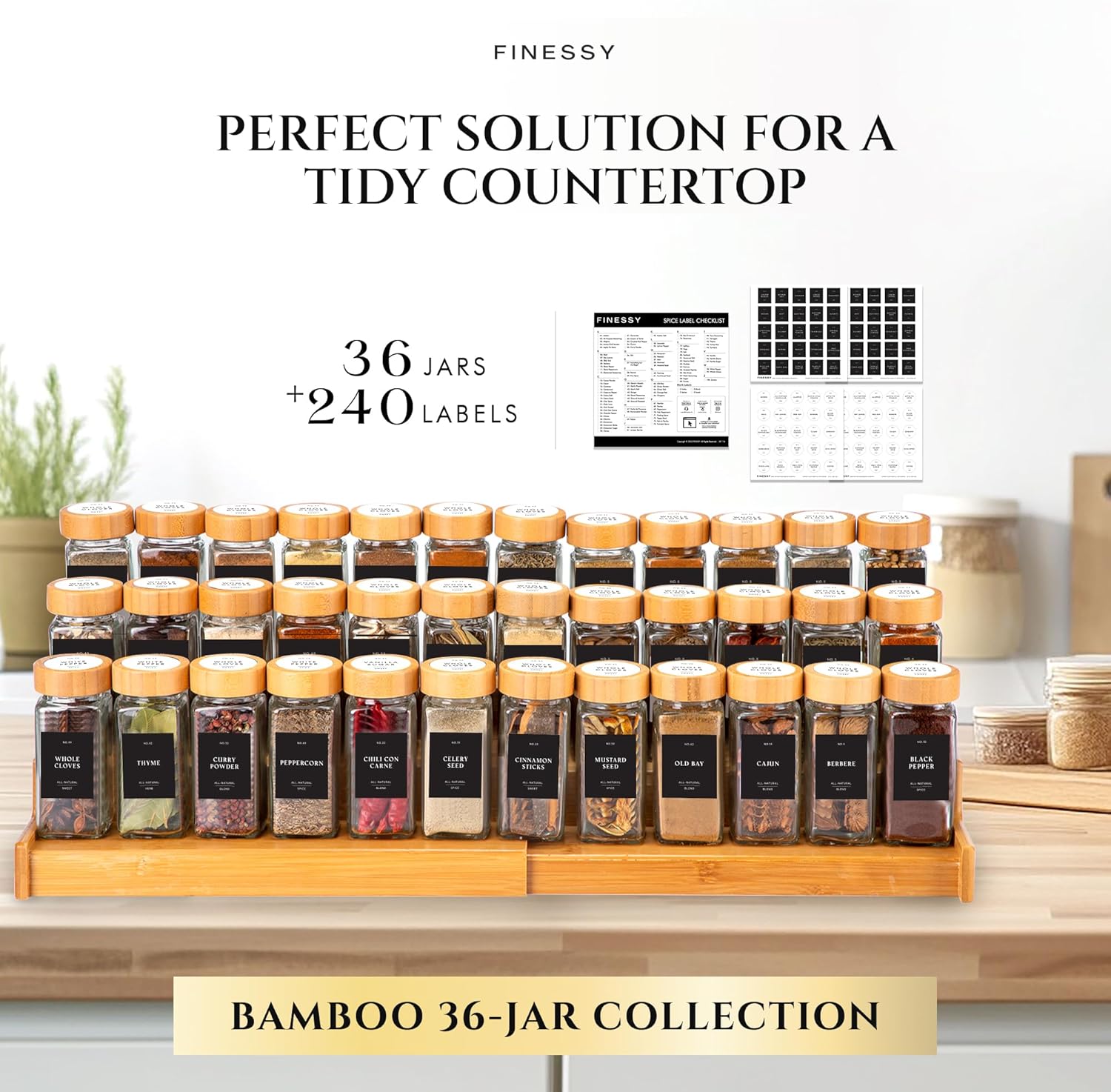 Glass Spice Jars with Label with Bamboo Lids Minimalist 36 Pack Set, 4oz Clear Empty Bottles Seasoning Organizer Jars with Shaker Lids, Small Square Airtight Spice Seasoning Containers Herb Storage