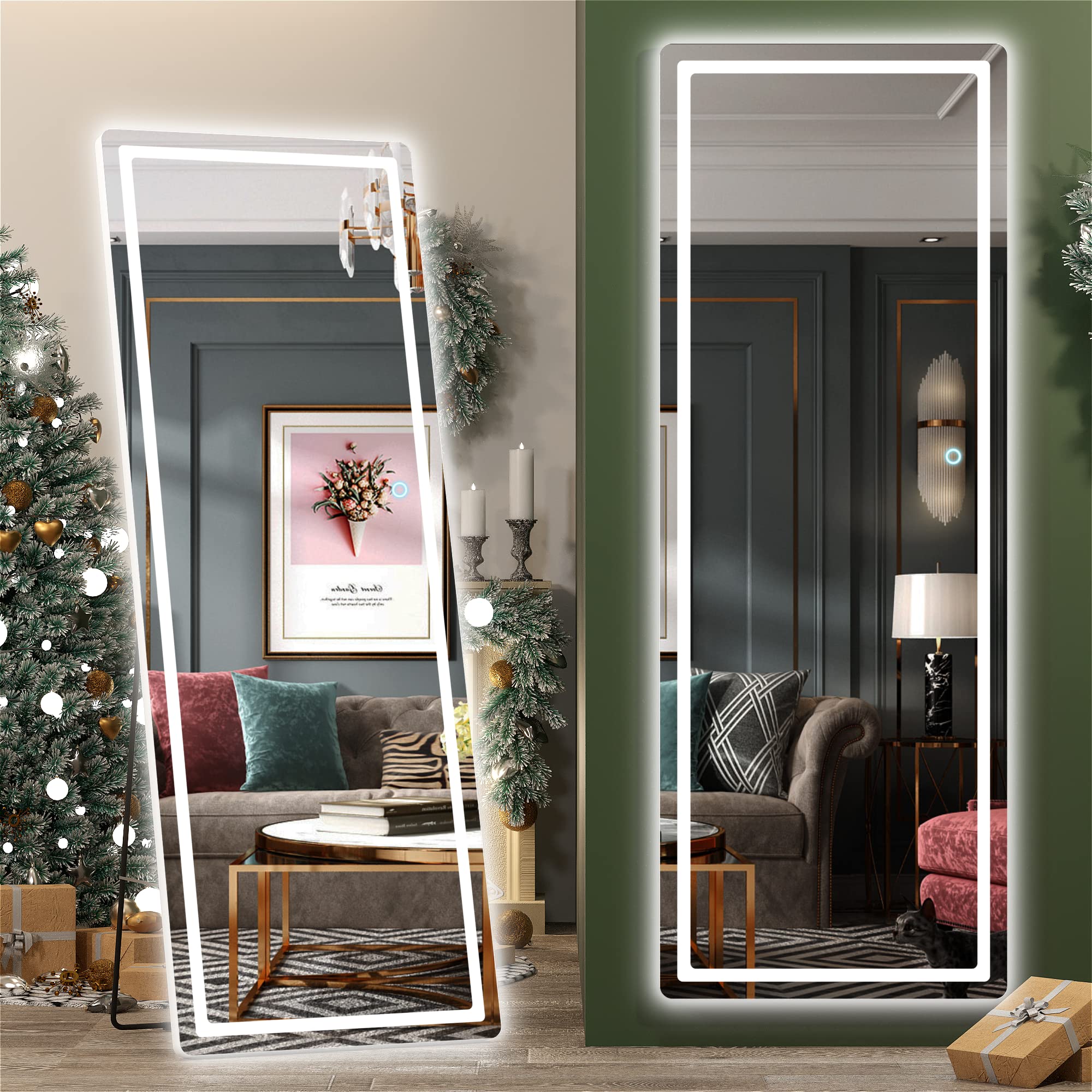 Hasipu Full Length Mirror with Lights, 79" x 36" LED Lighted Floor Standing, Full Body Dressing Hanging Mounted Mirror, Tempered Glass, Square Black