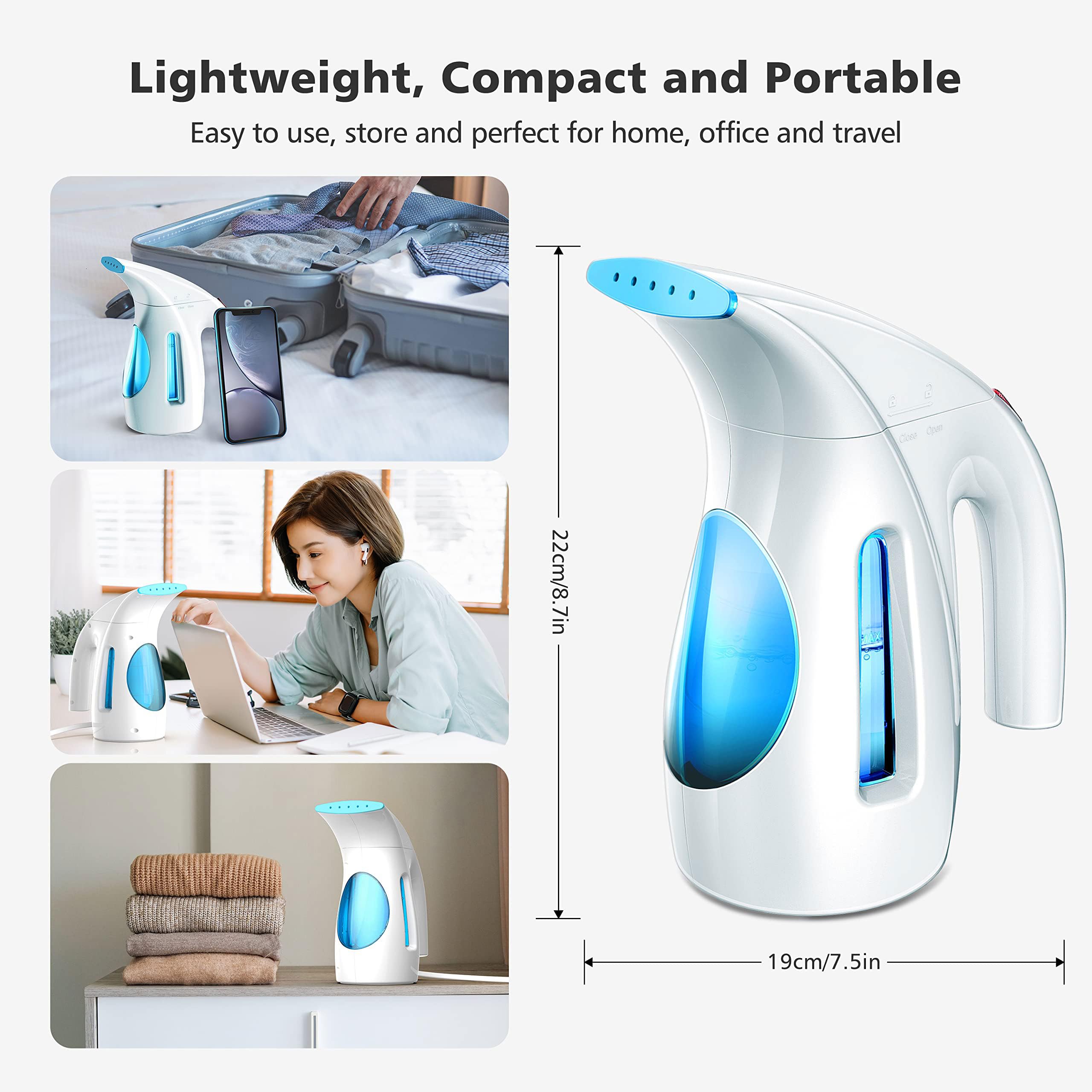 HiLIFE Steamer for Clothes, Portable Handheld Clothing Steamer, 240ml Big Capacity, 700W, Strong Power, Fabric Quick Wrinkle Remover with Brush for Home, Office, Travel (ONLY 120V) -Blue