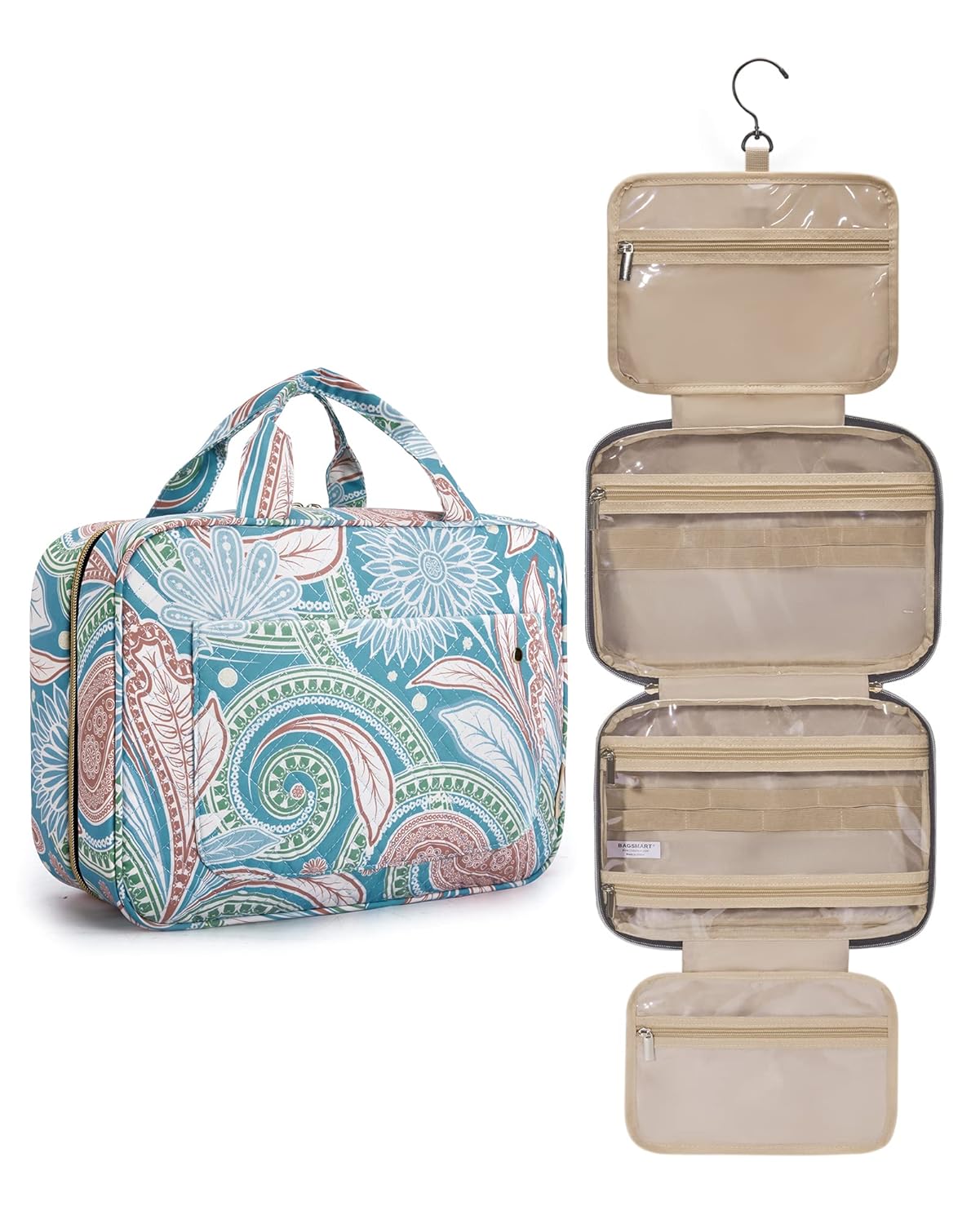 BAGSMART Large Toiletry Bag Travel Bag with Hanging Hook, Water-resistant Makeup Cosmetic Bag Travel Organizer for Accessories, Shampoo, Full Sized Container, Toiletries