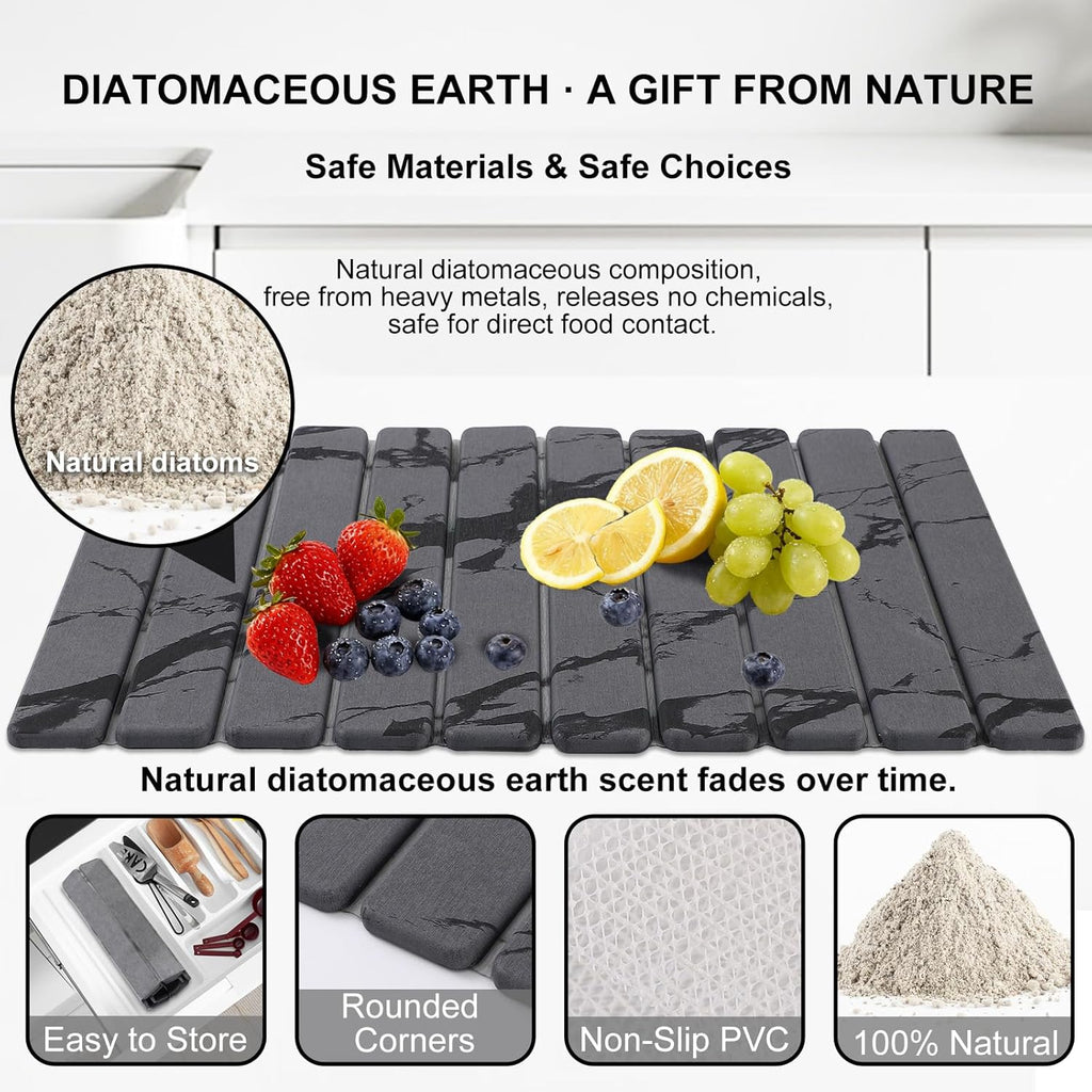 3 PCS Large Stone Dish Drying Mat for Kitchen Counter, Quick Dry Stone Dishes Mats, Sink Faucet Mat, Marble Water Absorbing Diatomaceous Earth Drying Pad for Countertop Tableware, Bottles, Cups