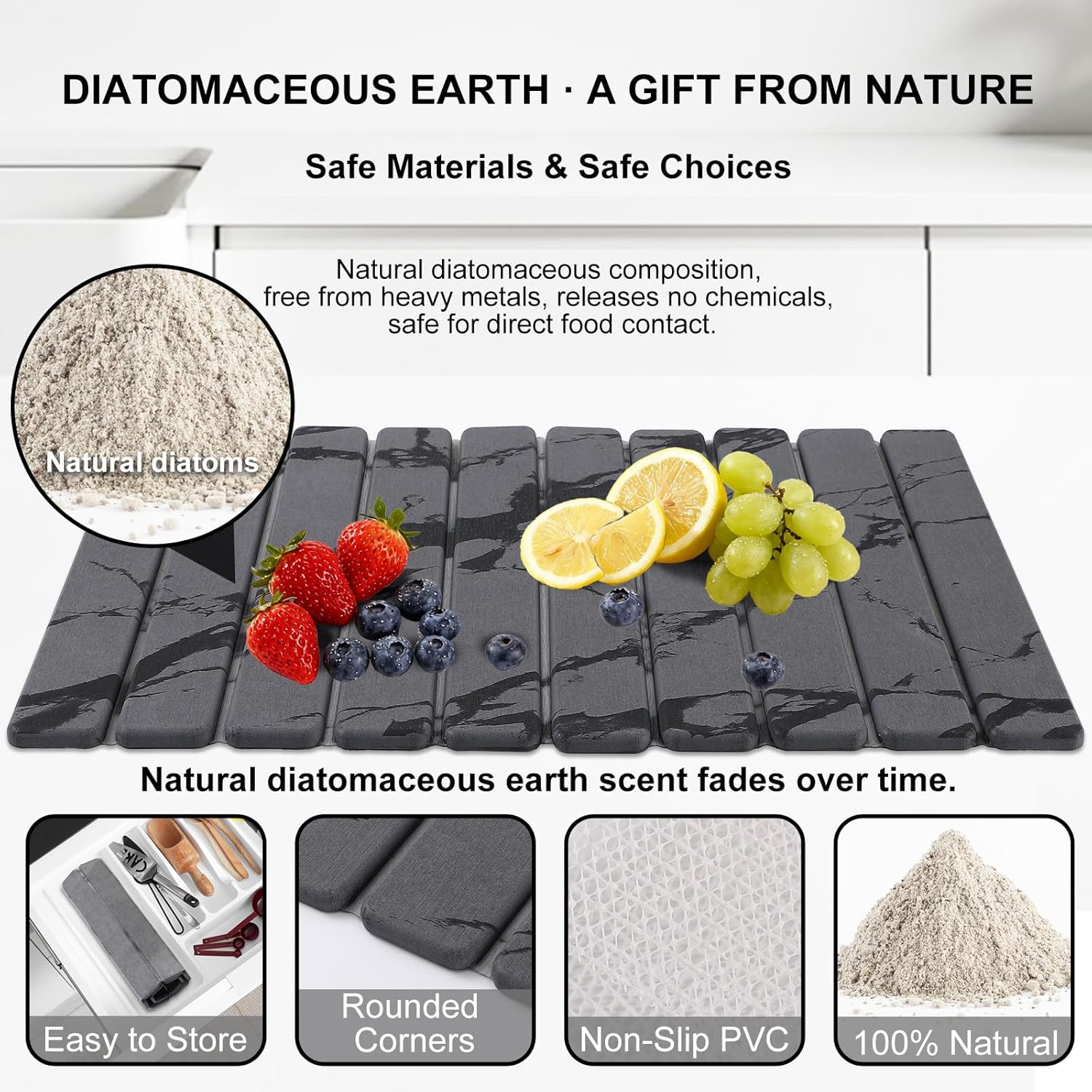 3 PCS Large Stone Dish Drying Mat for Kitchen Counter, Quick Dry Stone Dishes Mats, Sink Faucet Mat, Marble Water Absorbing Diatomaceous Earth Drying Pad for Countertop Tableware, Bottles, Cups