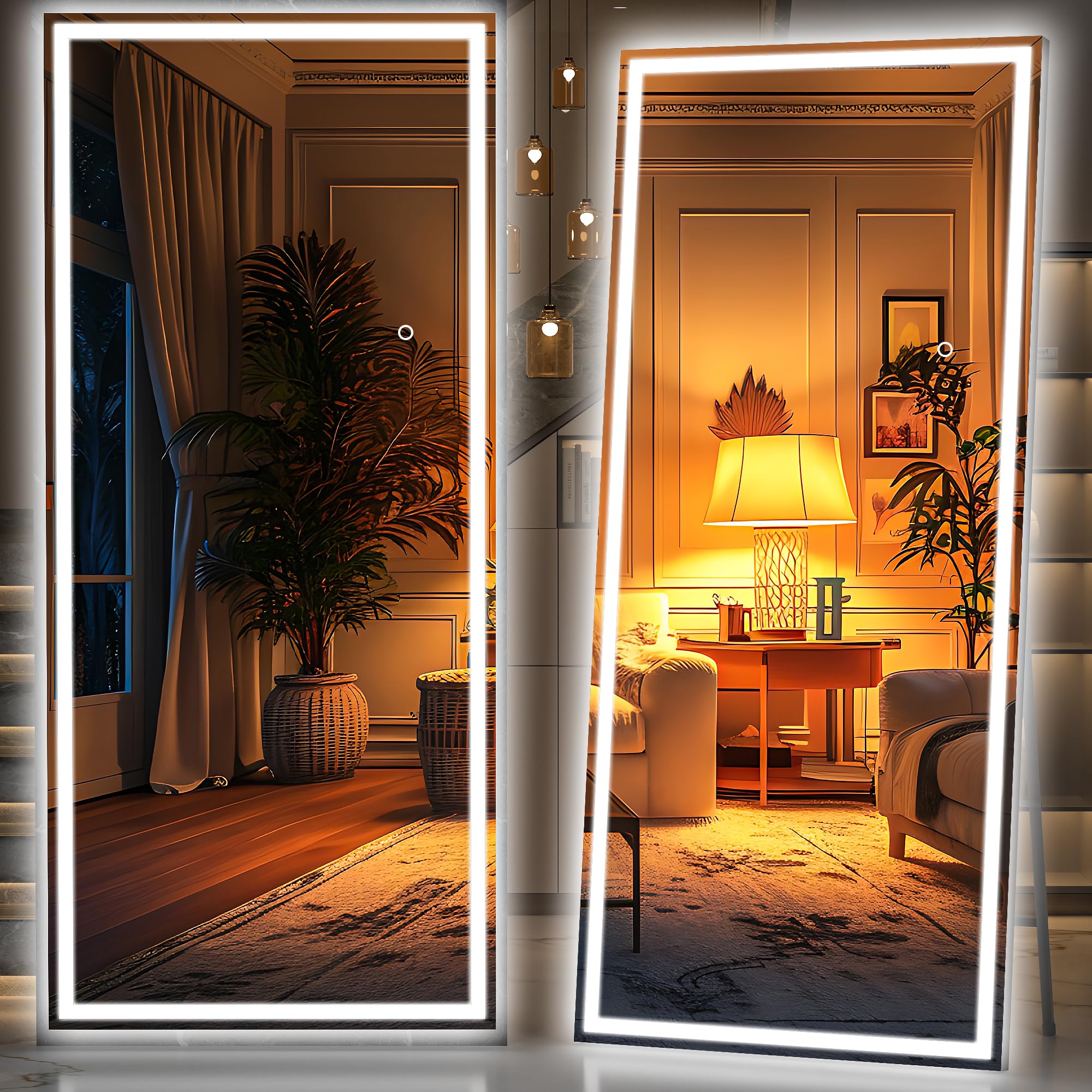 Hasipu Full Length Mirror with Lights, 79" x 36" LED Lighted Floor Standing, Full Body Dressing Hanging Mounted Mirror, Tempered Glass, Square Black