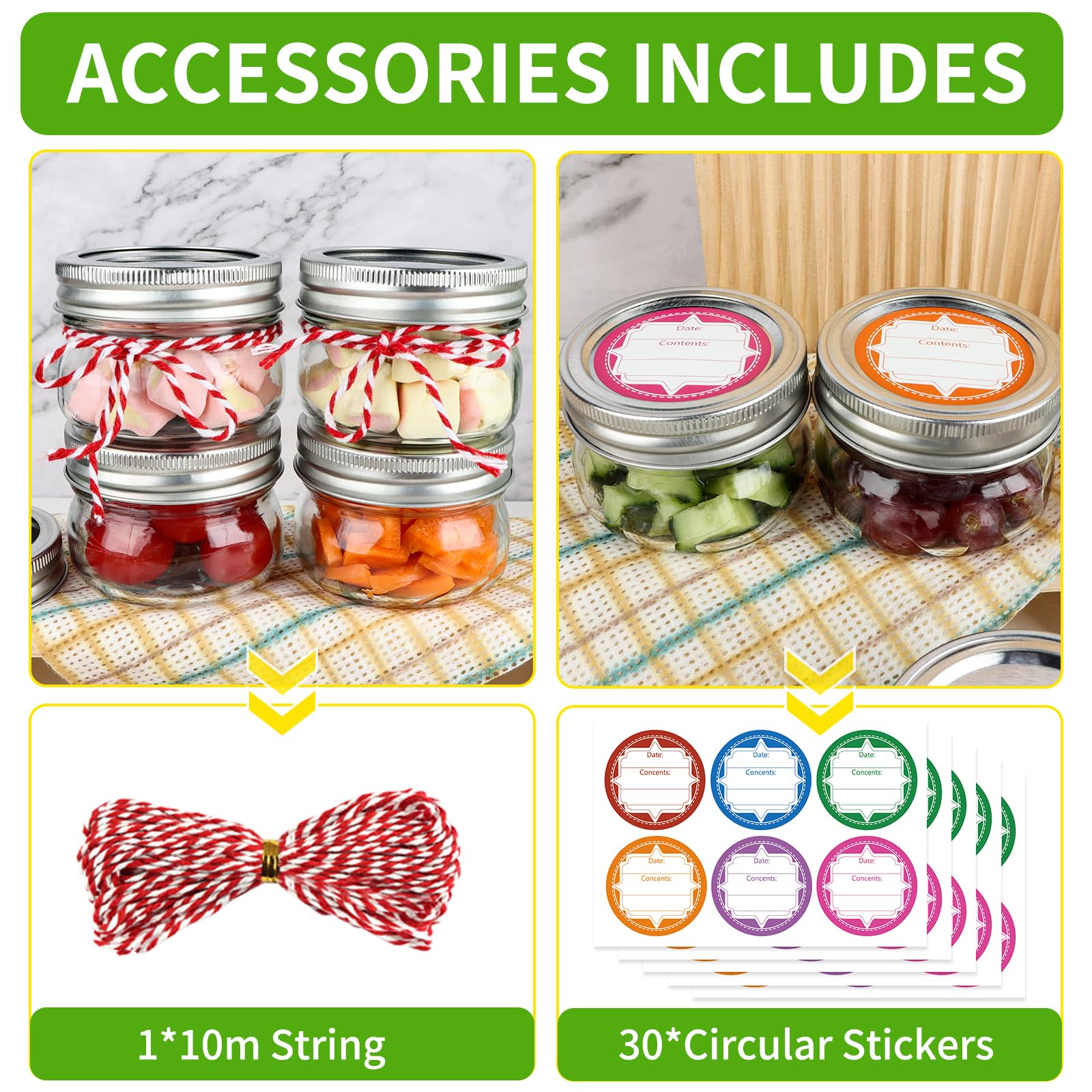 24 Pack 4 oz Mason Jars with Regular Lids and Bands, Small Canning Jars, Mini Glass Jars for Honey Jelly Jam Crafts