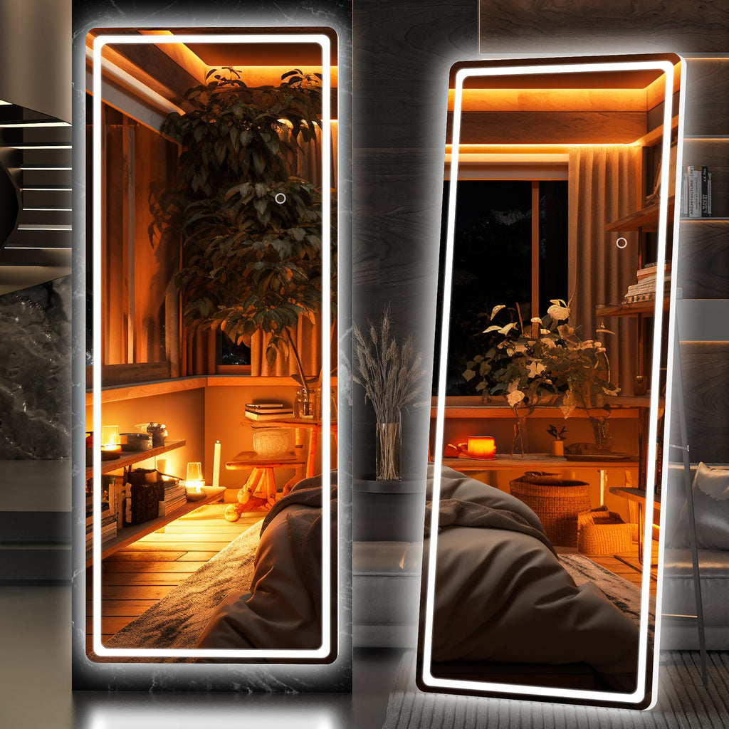 Hasipu Full Length Mirror with Lights, 79" x 36" LED Lighted Floor Standing, Full Body Dressing Hanging Mounted Mirror, Tempered Glass, Square Black
