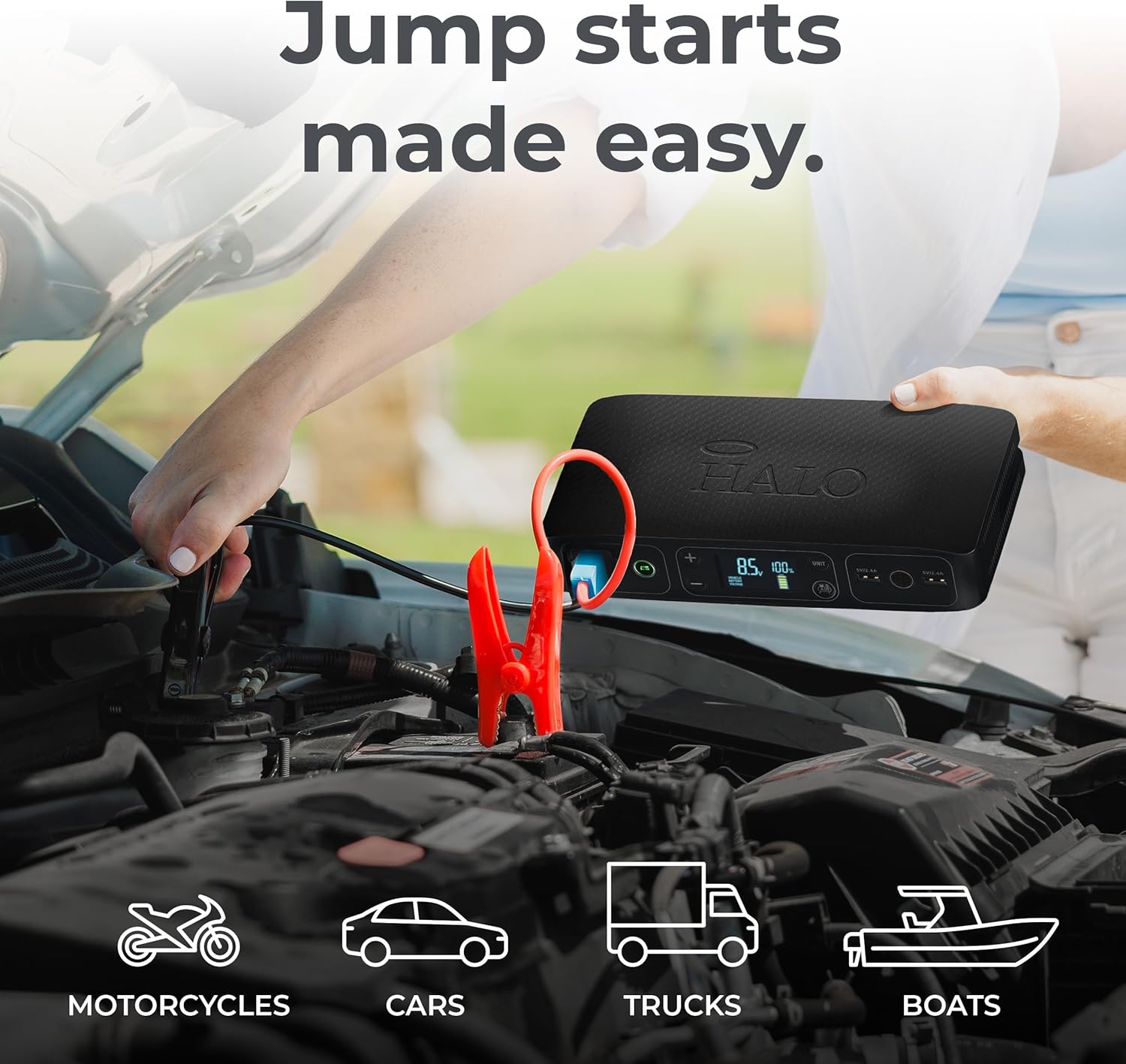 HALO Bolt Air 58830 Portable Car Battery Jump Starter | 100 PSI Air Compressor, 58.8Wh USB Power Bank, Emergency Floodlight & Charger, Jumps Cars SUVs & Trucks, Inflates Tires, TSA Approved — Black