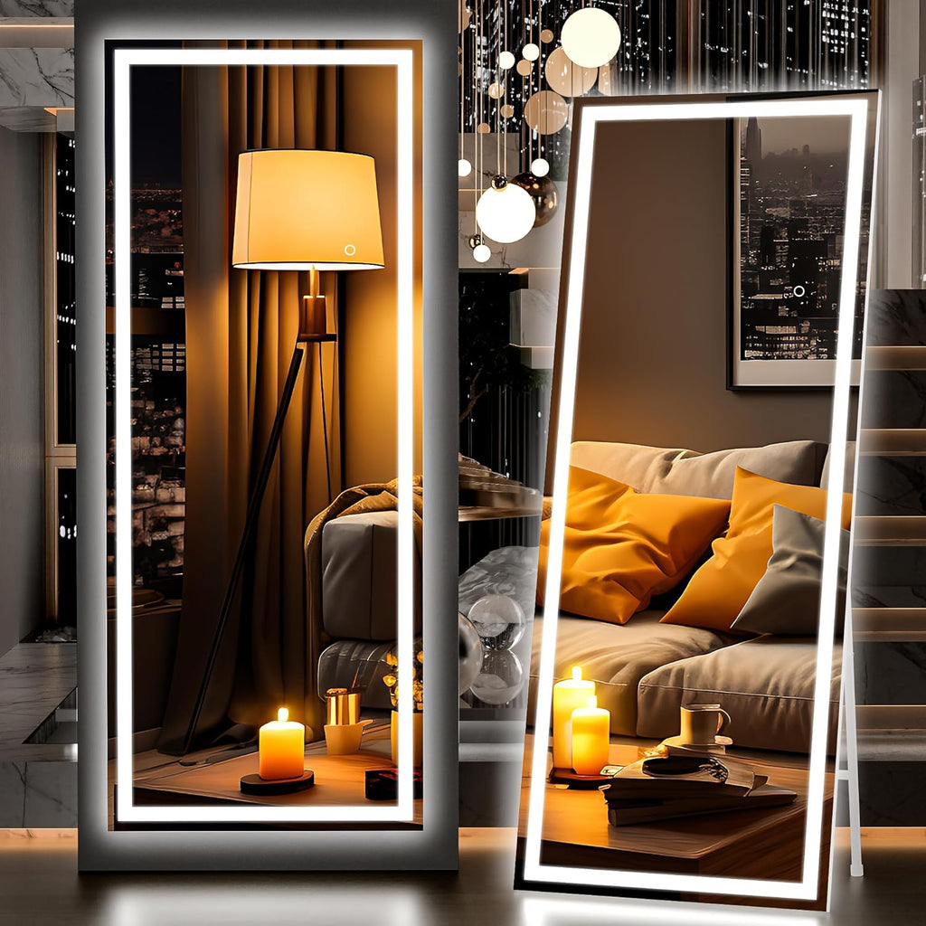 Hasipu Full Length Mirror with Lights, 79" x 36" LED Lighted Floor Standing, Full Body Dressing Hanging Mounted Mirror, Tempered Glass, Square Black