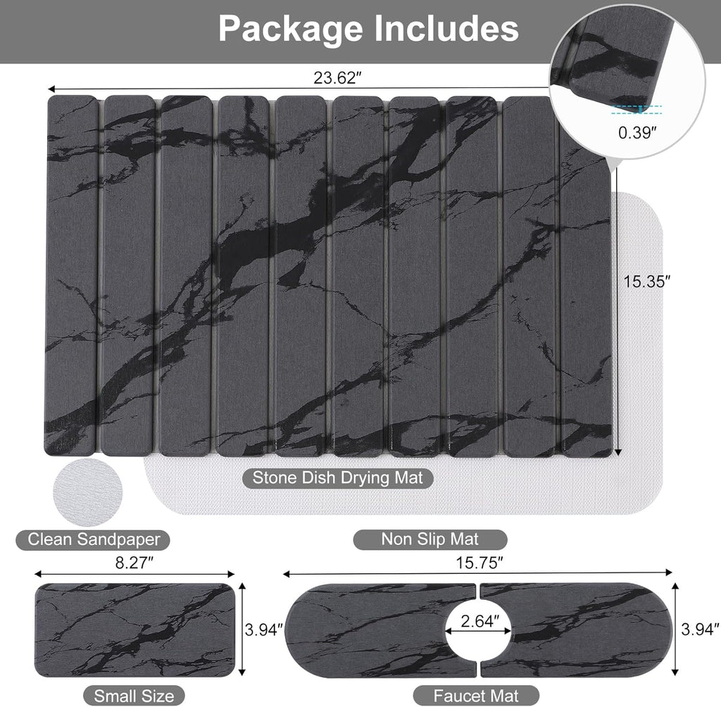 3 PCS Large Stone Dish Drying Mat for Kitchen Counter, Quick Dry Stone Dishes Mats, Sink Faucet Mat, Marble Water Absorbing Diatomaceous Earth Drying Pad for Countertop Tableware, Bottles, Cups