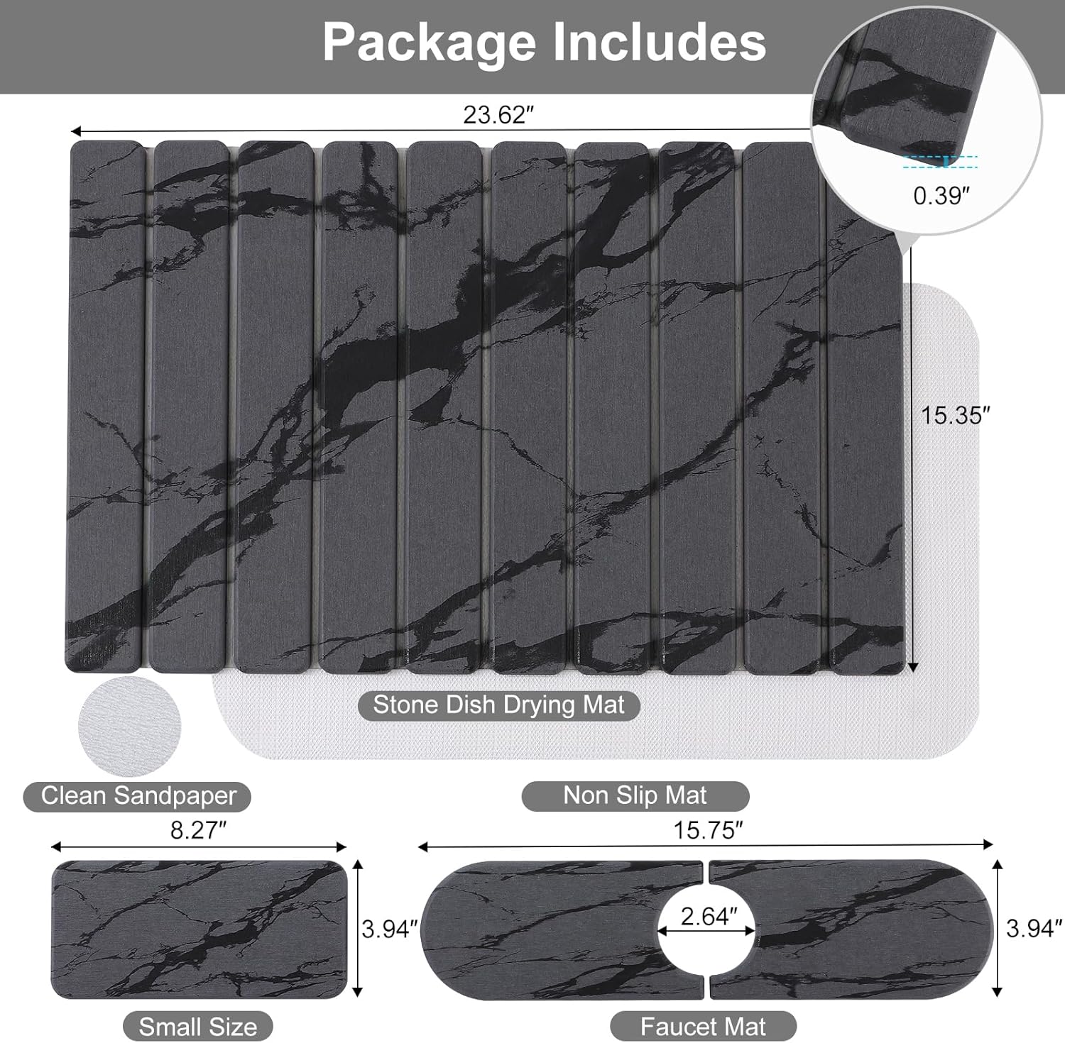 3 PCS Large Stone Dish Drying Mat for Kitchen Counter, Quick Dry Stone Dishes Mats, Sink Faucet Mat, Marble Water Absorbing Diatomaceous Earth Drying Pad for Countertop Tableware, Bottles, Cups