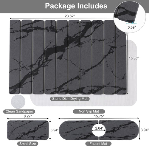 3 PCS Large Stone Dish Drying Mat for Kitchen Counter, Quick Dry Stone Dishes Mats, Sink Faucet Mat, Marble Water Absorbing Diatomaceous Earth Drying Pad for Countertop Tableware, Bottles, Cups