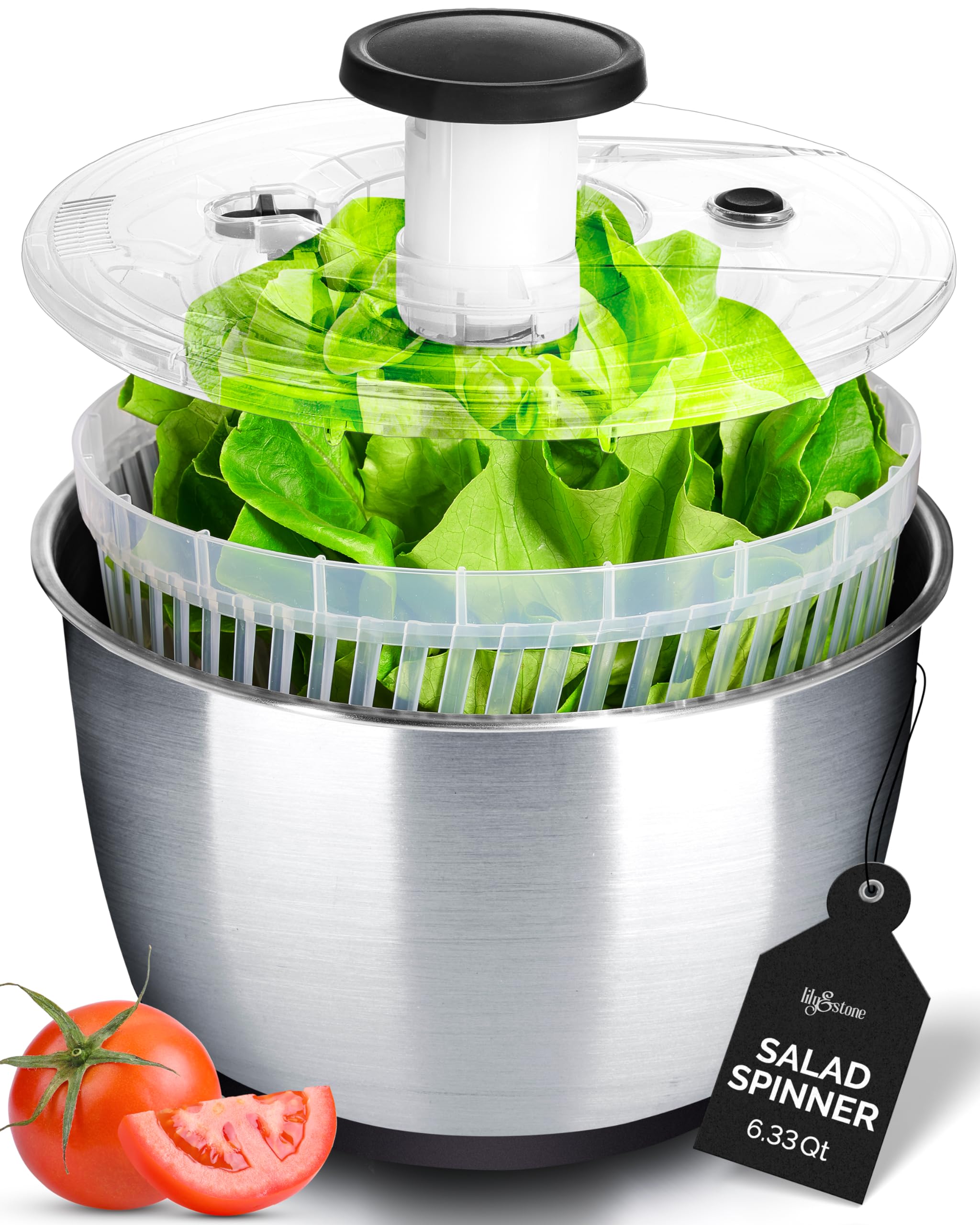 Stainless Steel Pump Salad Spinner Large - Easy Compact Kitchen Tool - Stainless Steel Bowl, Drain & Colander - Lettuce Spinner, Vegetable Dryer, Fruit Washer, Pasta & Fries Produce Strainer - 6.33 Qt