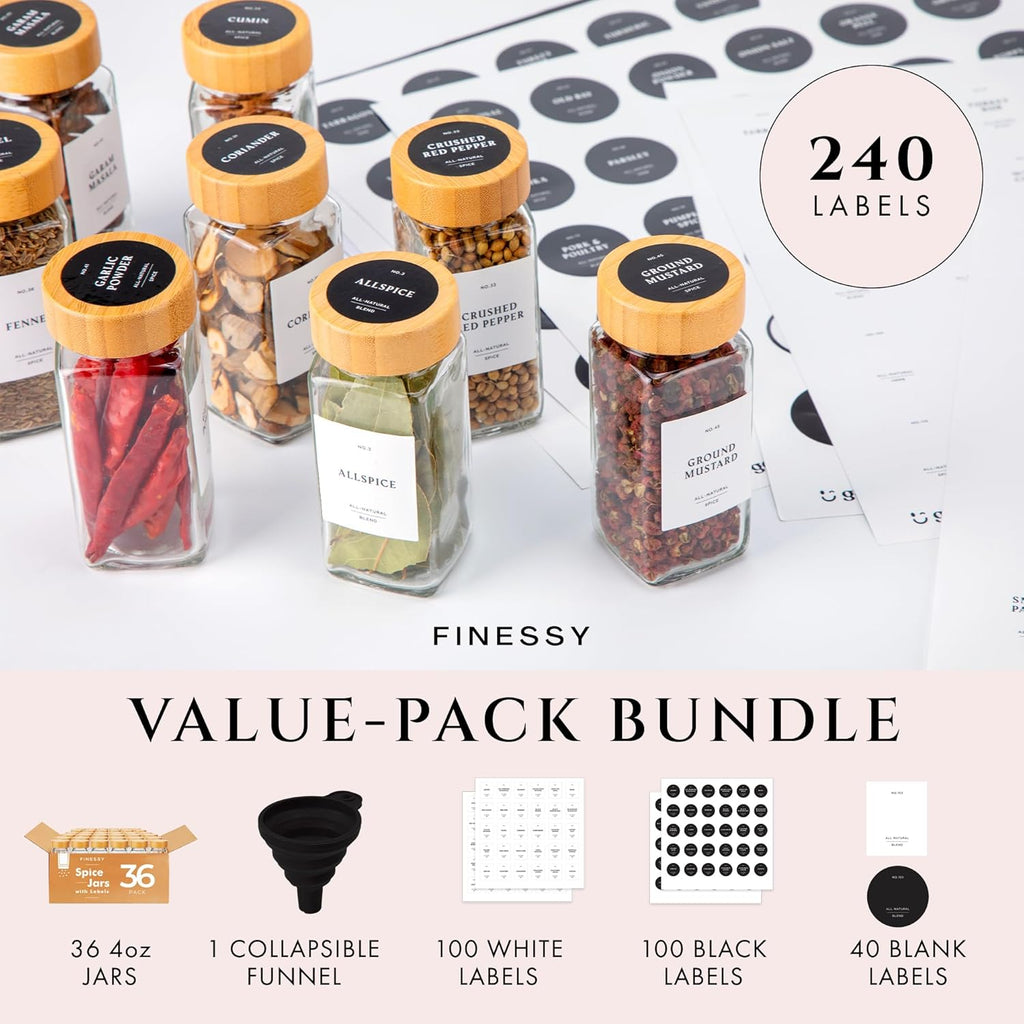 Glass Spice Jars with Label with Bamboo Lids Minimalist 36 Pack Set, 4oz Clear Empty Bottles Seasoning Organizer Jars with Shaker Lids, Small Square Airtight Spice Seasoning Containers Herb Storage