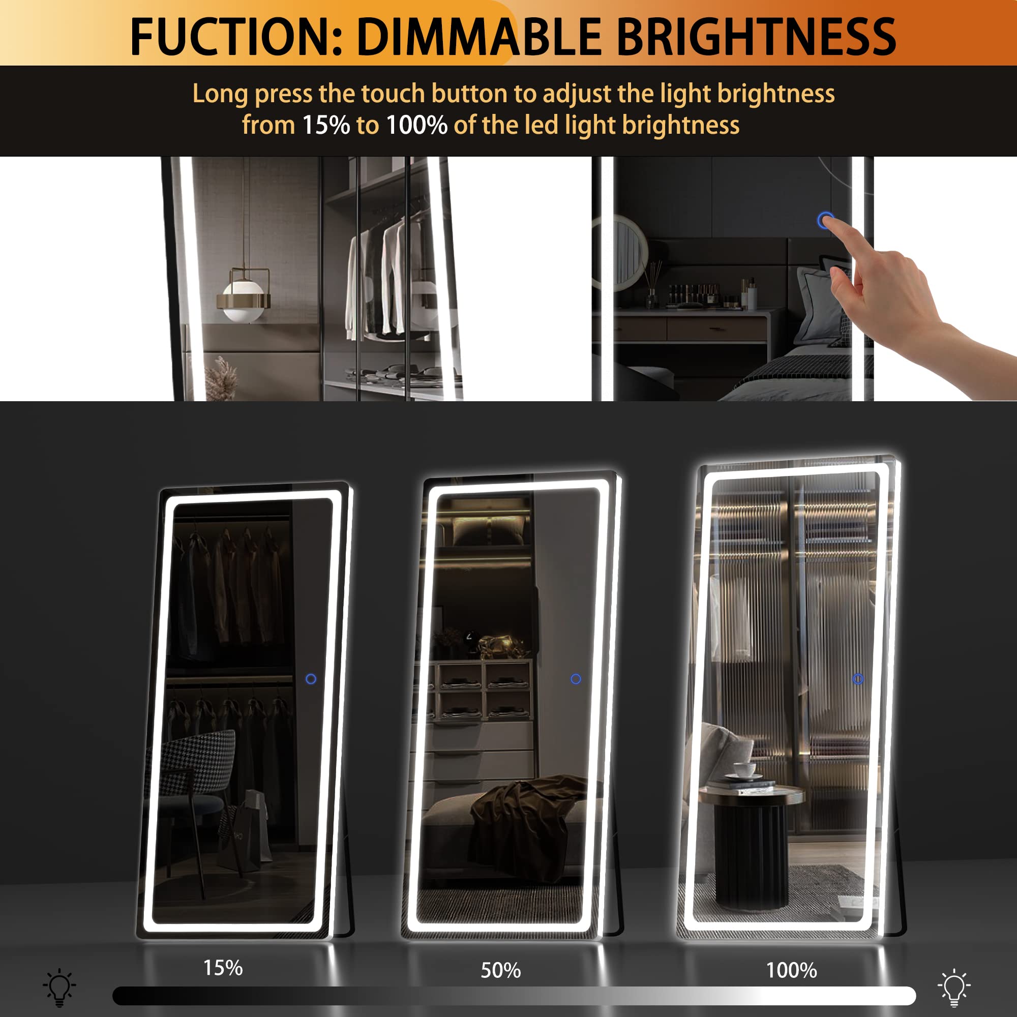 Hasipu Full Length Mirror with Lights, 79" x 36" LED Lighted Floor Standing, Full Body Dressing Hanging Mounted Mirror, Tempered Glass, Square Black