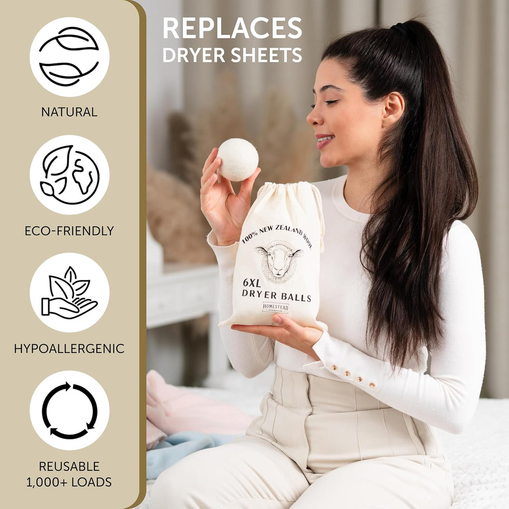 XL Wool Dryer Balls 6-Pack – 100% New Zealand Wool, Natural Fabric Softener & Static Reducer, Reusable Laundry Balls for Pet Hair, Eco-Friendly Dryer Sheets Alternative