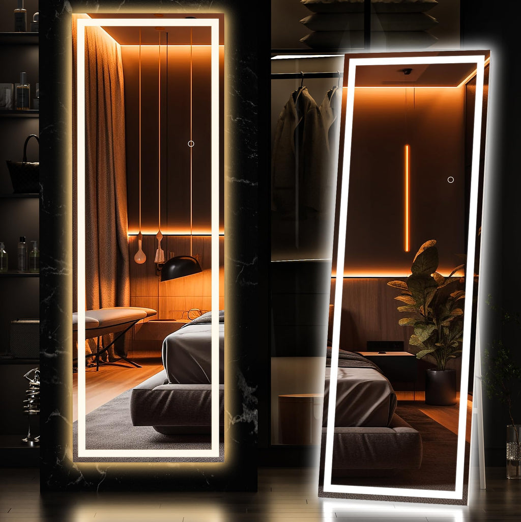 Hasipu Full Length Mirror with Lights, 79" x 36" LED Lighted Floor Standing, Full Body Dressing Hanging Mounted Mirror, Tempered Glass, Square Black