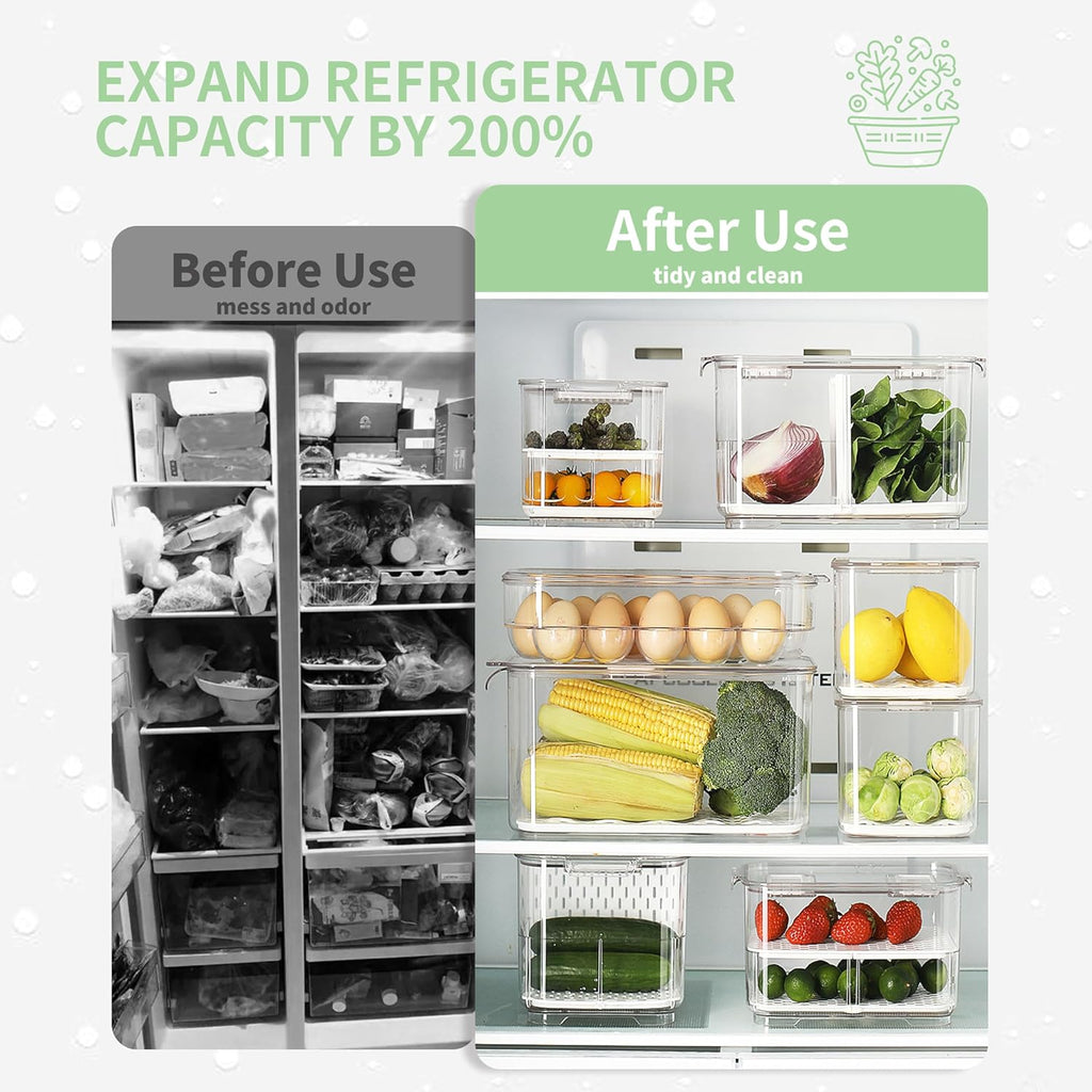 elabo Fruit Storage Containers for Fridge Fresh Produce Saver -3 Pack Stackable Fridge Organizers Bins with Lids, Drain Tray, Food Storage Container for Vegetables, Lettuce, Salad and Berry, BPA-free