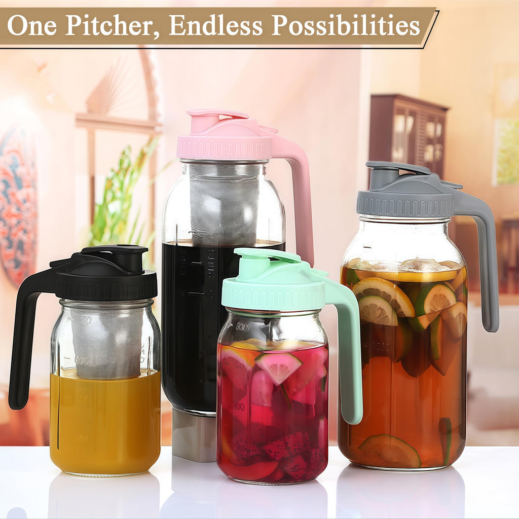 64oz Glass Pitcher with Handle and Lid, 2 Quart Mason Jar Pitcher - Airtight & Leakproof Water Jug with Pour Spout Lid, Glass Containers for Fridge, Perfect for Juice, Cold Brew, Iced & Sun Tea