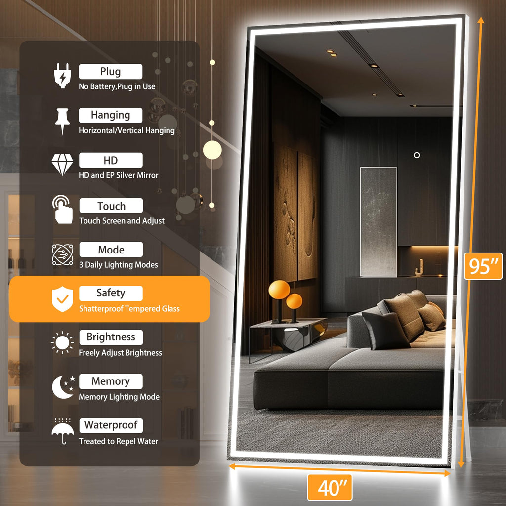 Hasipu Full Length Mirror with Lights, 79" x 36" LED Lighted Floor Standing, Full Body Dressing Hanging Mounted Mirror, Tempered Glass, Square Black