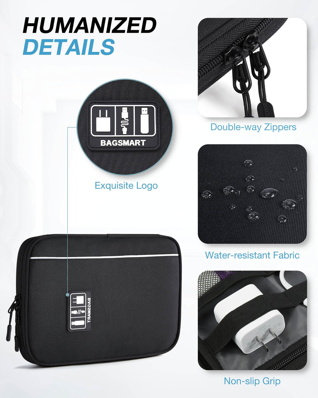BAGSMART Large Electronics Travel Organizer Case, Tech Accessories Cord Storage Bag for Phone, Power Bank, SD Card, Cables, Black