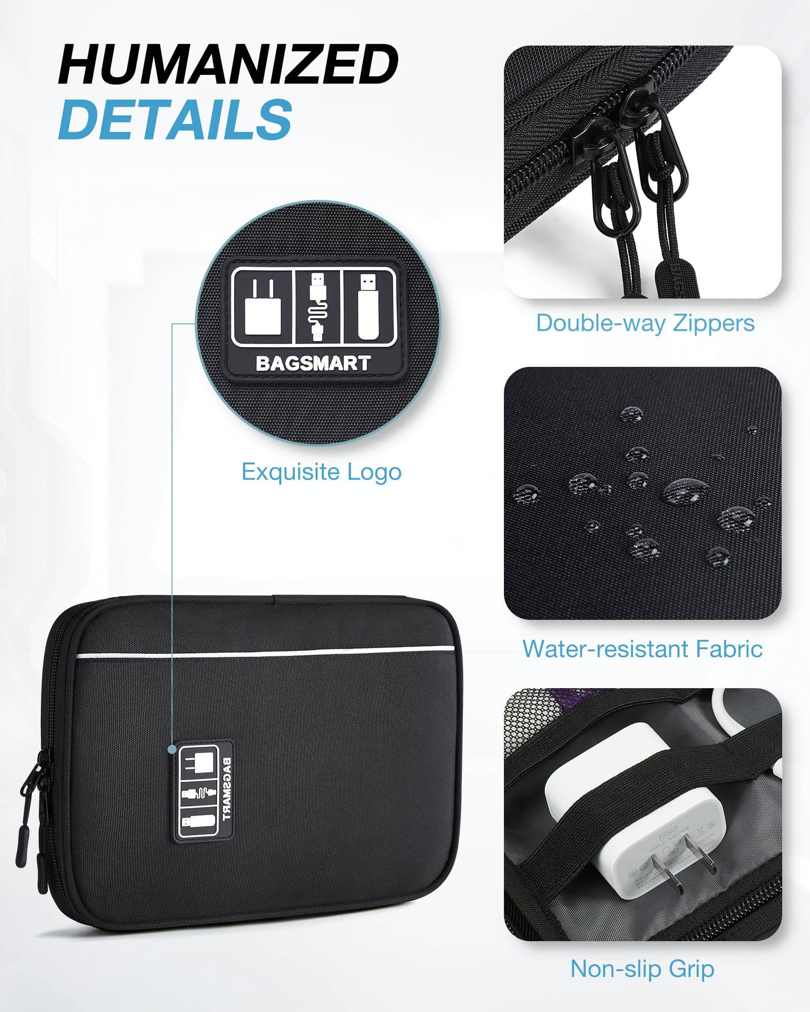 BAGSMART Large Electronics Travel Organizer Case, Tech Accessories Cord Storage Bag for Phone, Power Bank, SD Card, Cables, Black