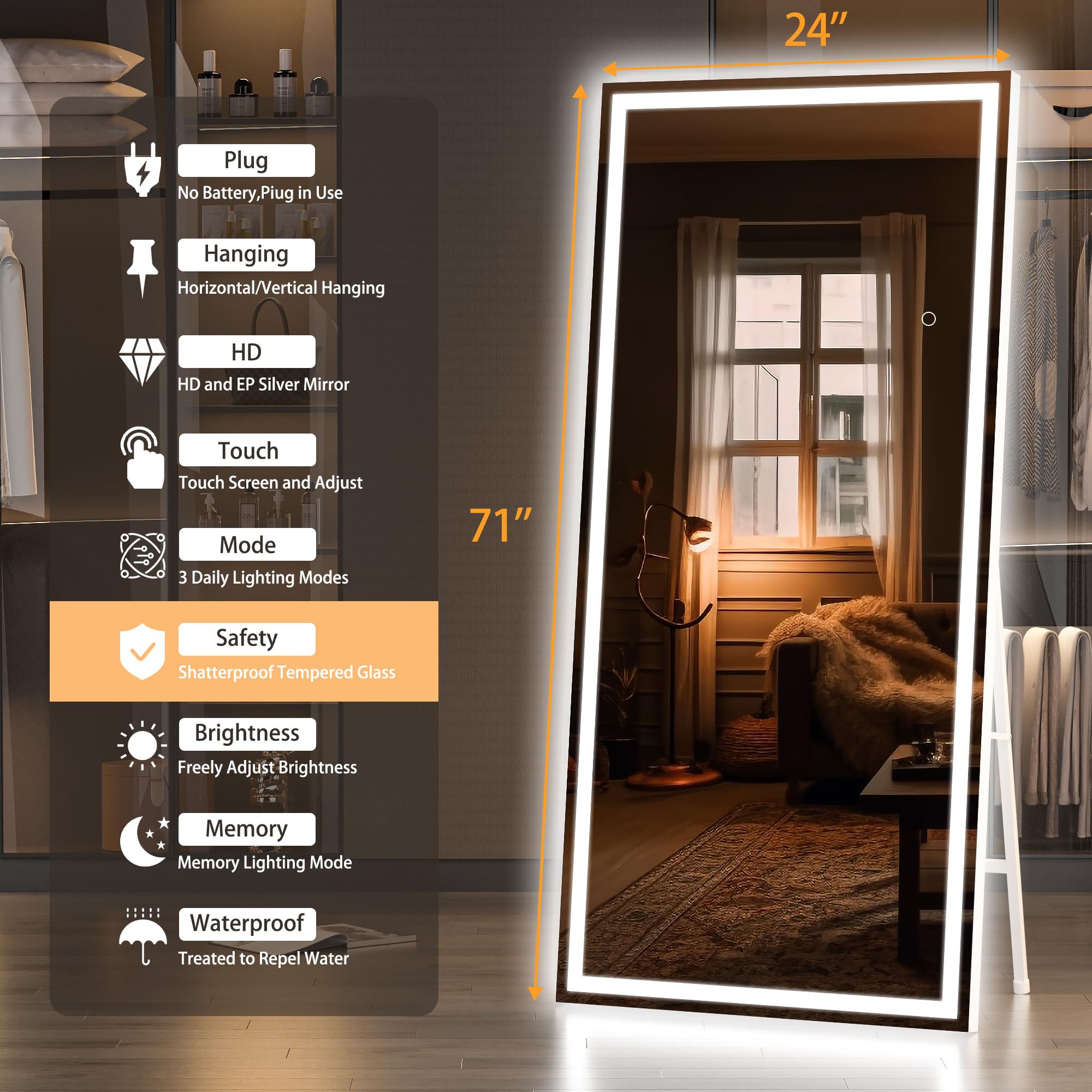 Hasipu Full Length Mirror with Lights, 79" x 36" LED Lighted Floor Standing, Full Body Dressing Hanging Mounted Mirror, Tempered Glass, Square Black