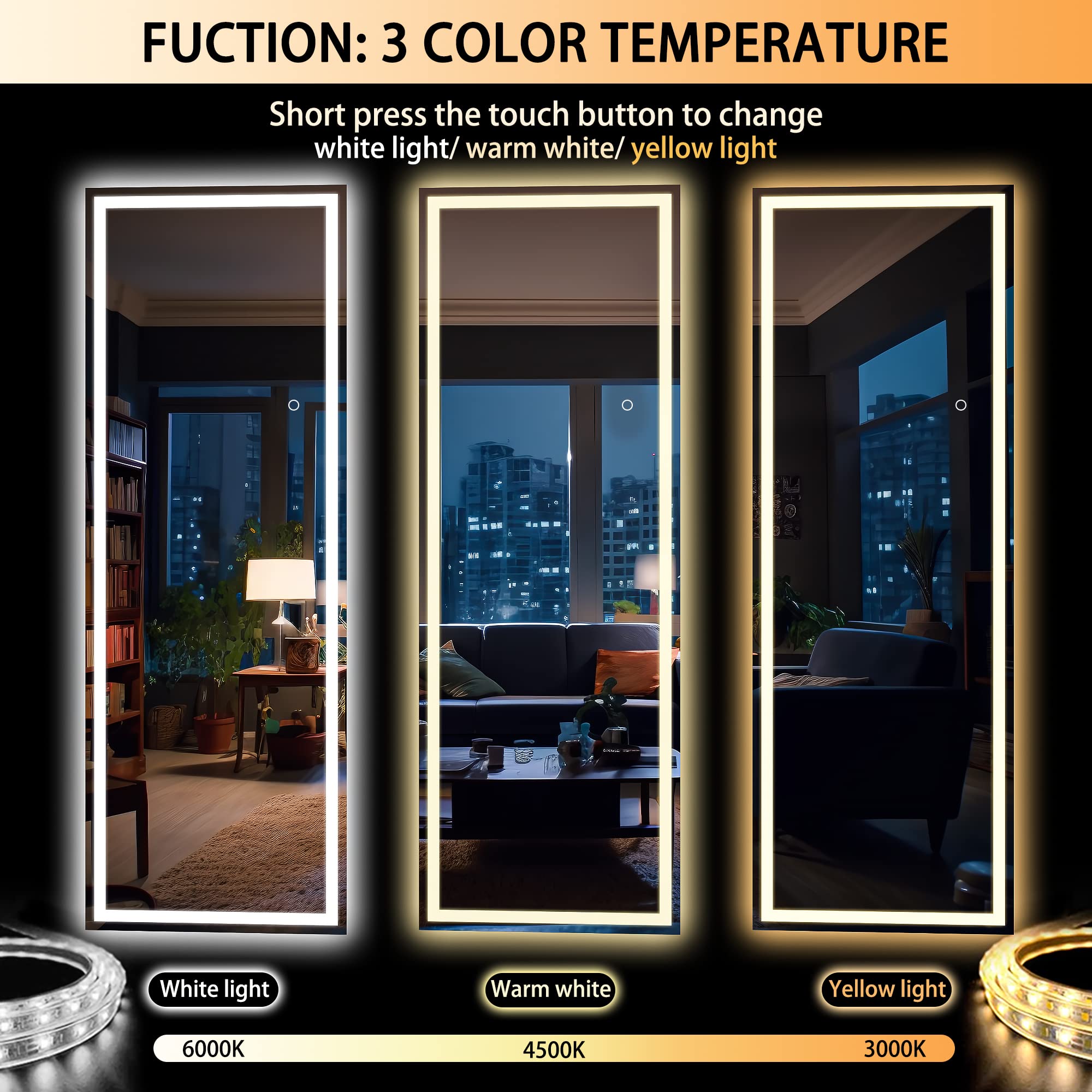 Hasipu Full Length Mirror with Lights, 79" x 36" LED Lighted Floor Standing, Full Body Dressing Hanging Mounted Mirror, Tempered Glass, Square Black