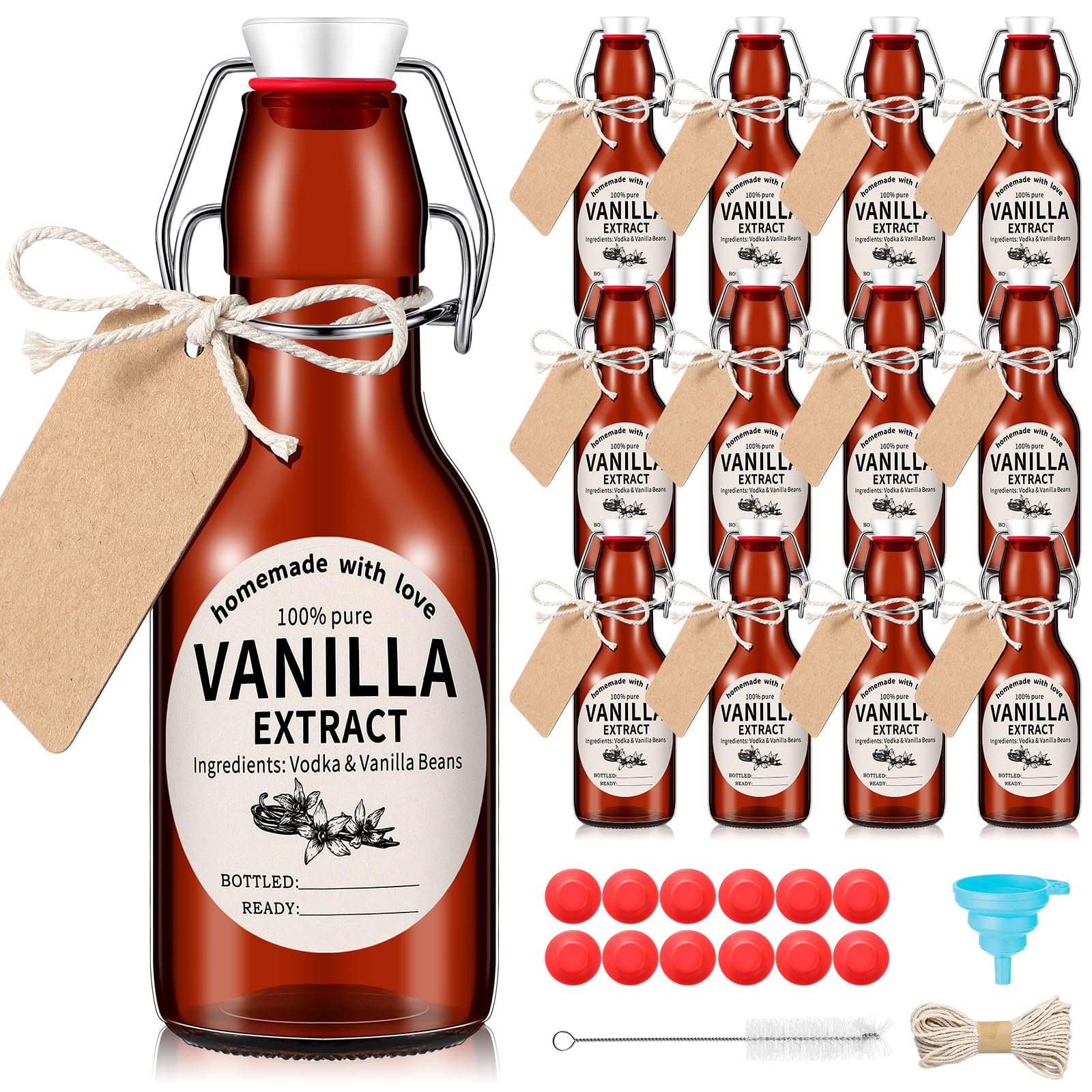 Vesici 8 Sets Swing Top Glass Bottles Set Amber Homemade Vanilla Extract Bottles Vanilla Extract Jars for Christmas DIY Crafts (4 oz)