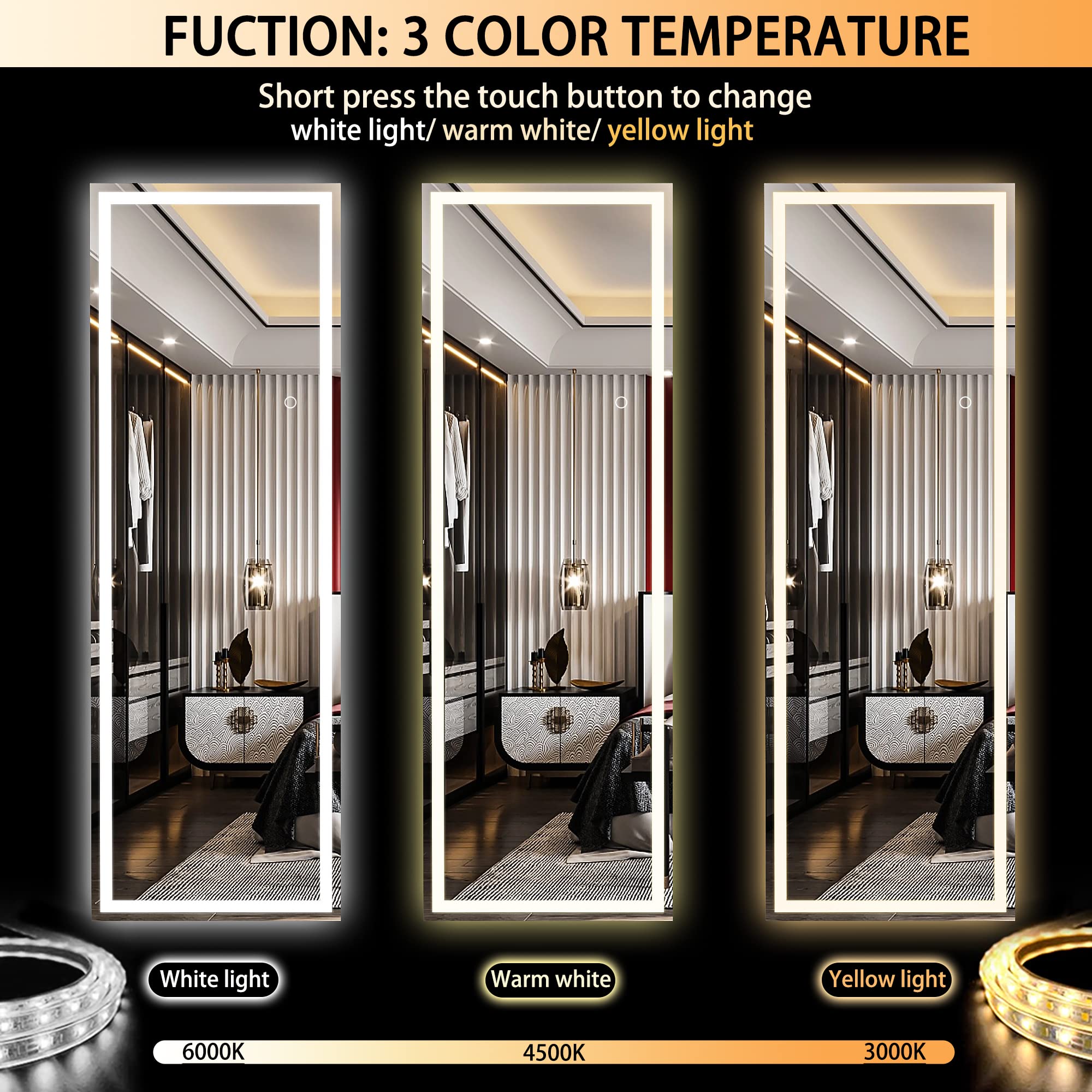 Hasipu Full Length Mirror with Lights, 79" x 36" LED Lighted Floor Standing, Full Body Dressing Hanging Mounted Mirror, Tempered Glass, Square Black