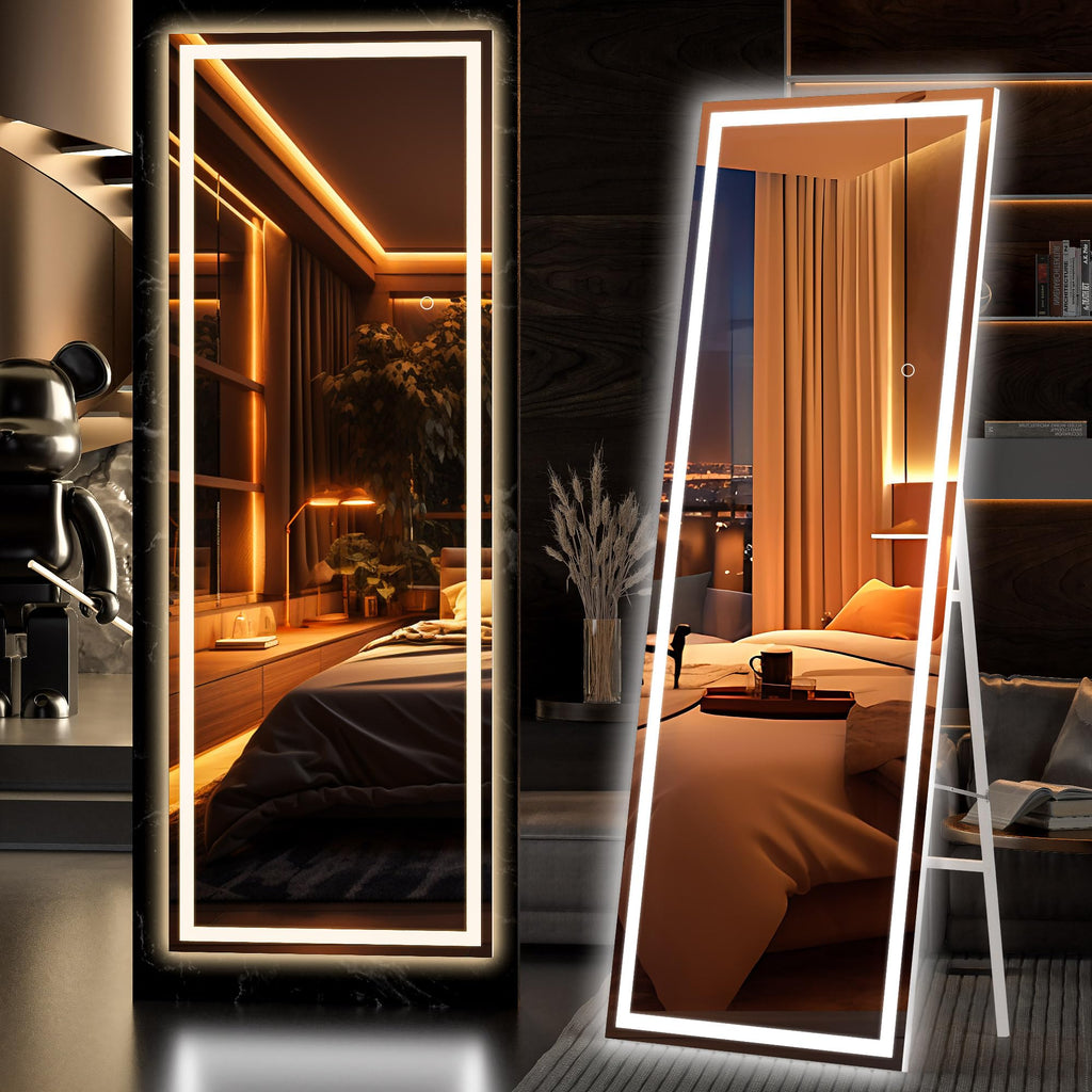 Hasipu Full Length Mirror with Lights, 79" x 36" LED Lighted Floor Standing, Full Body Dressing Hanging Mounted Mirror, Tempered Glass, Square Black