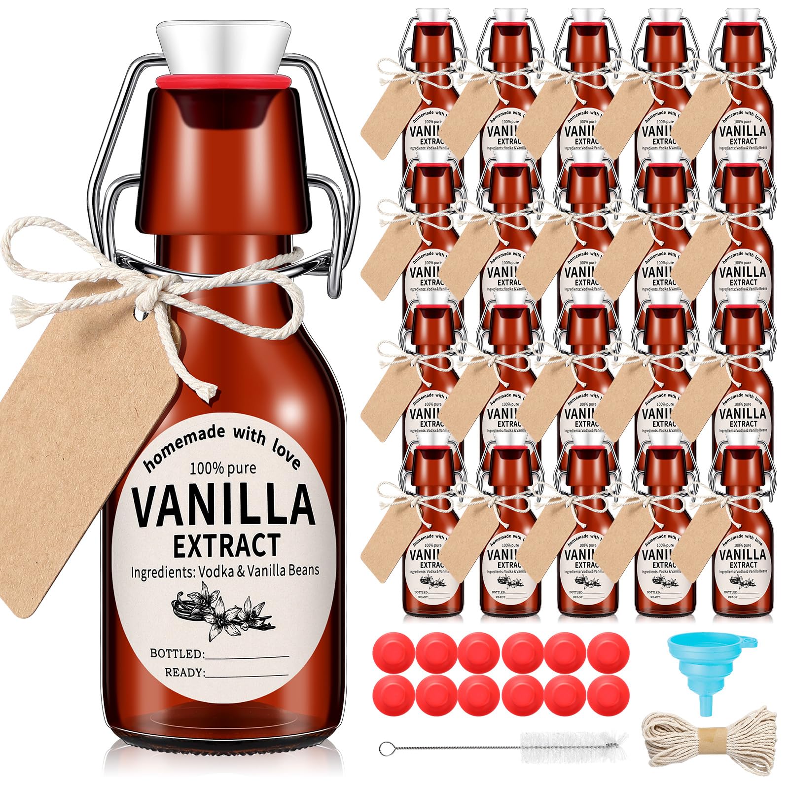 Vesici 8 Sets Swing Top Glass Bottles Set Amber Homemade Vanilla Extract Bottles Vanilla Extract Jars for Christmas DIY Crafts (4 oz)