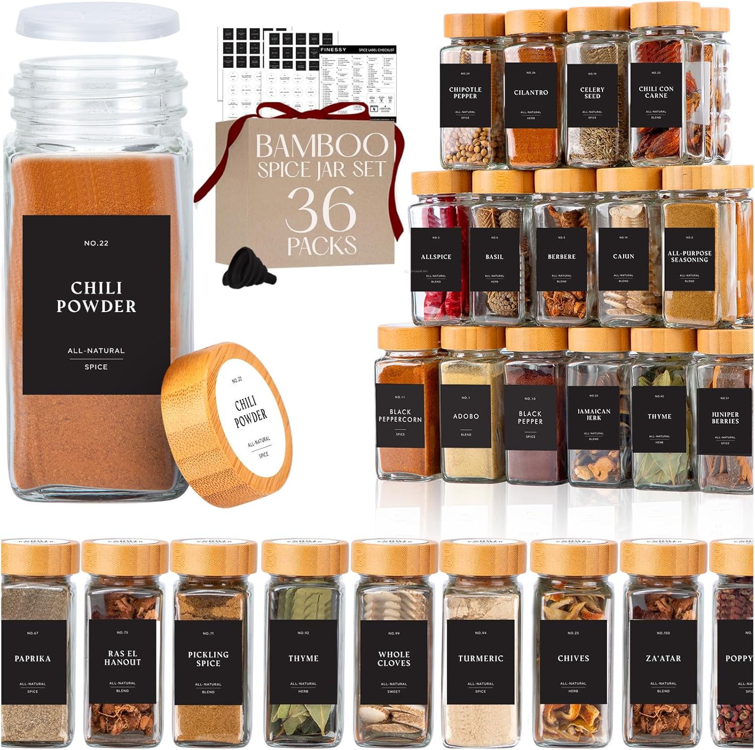 Glass Spice Jars with Label with Bamboo Lids Minimalist 36 Pack Set, 4oz Clear Empty Bottles Seasoning Organizer Jars with Shaker Lids, Small Square Airtight Spice Seasoning Containers Herb Storage